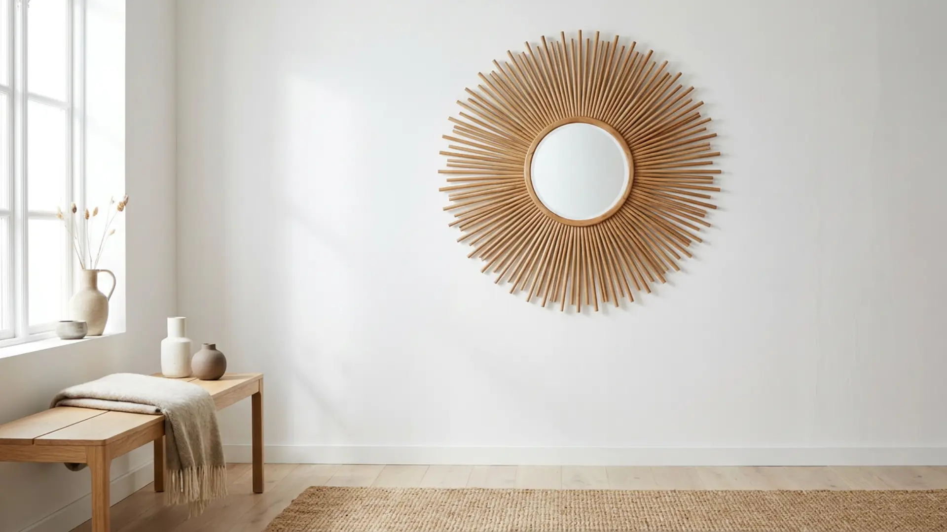sunburst mirror made from wooden dowels mounted on light grey living room wall
