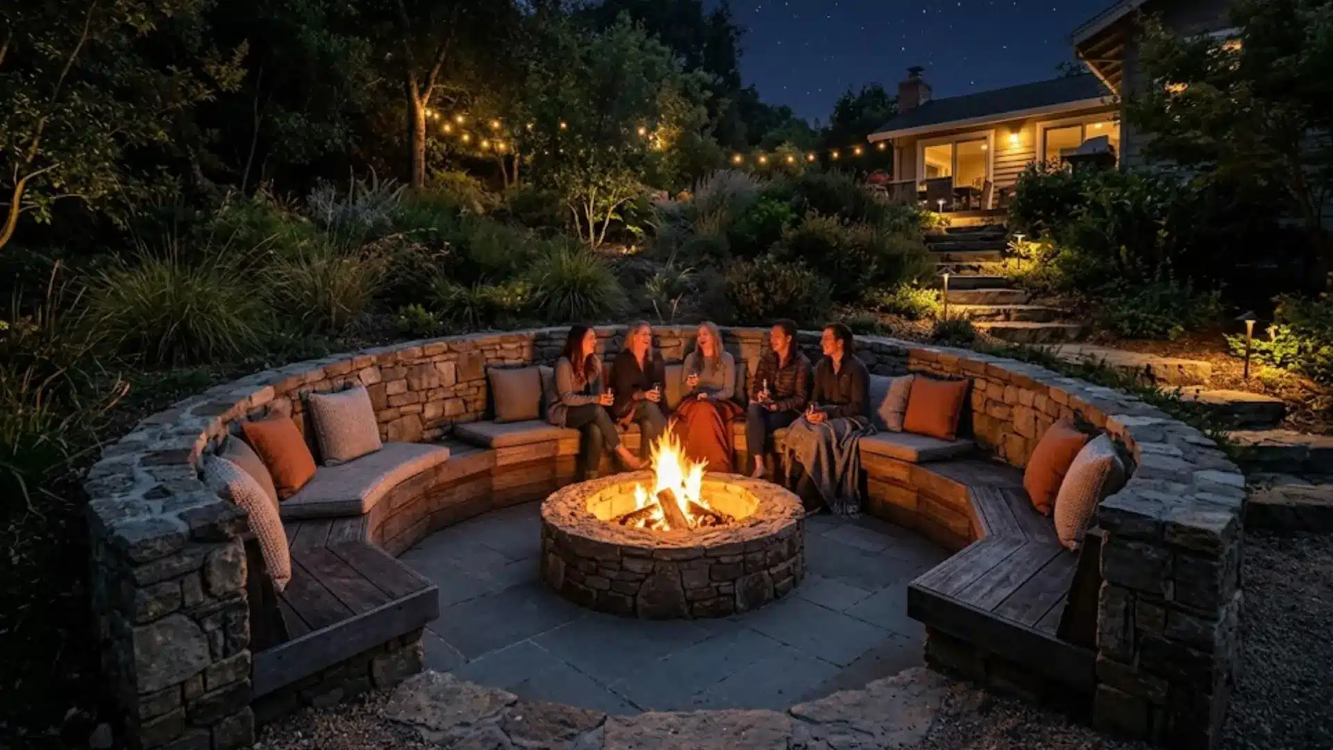 sunken circular fire pit with curved stone seating wall, cushions, and people gathered around flames at night