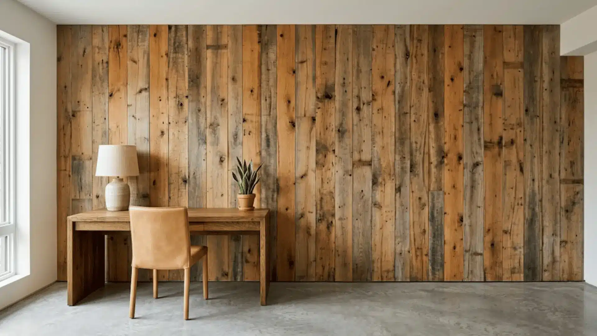 reclaimed wood feature wall with natural grain variation in a minimal home office