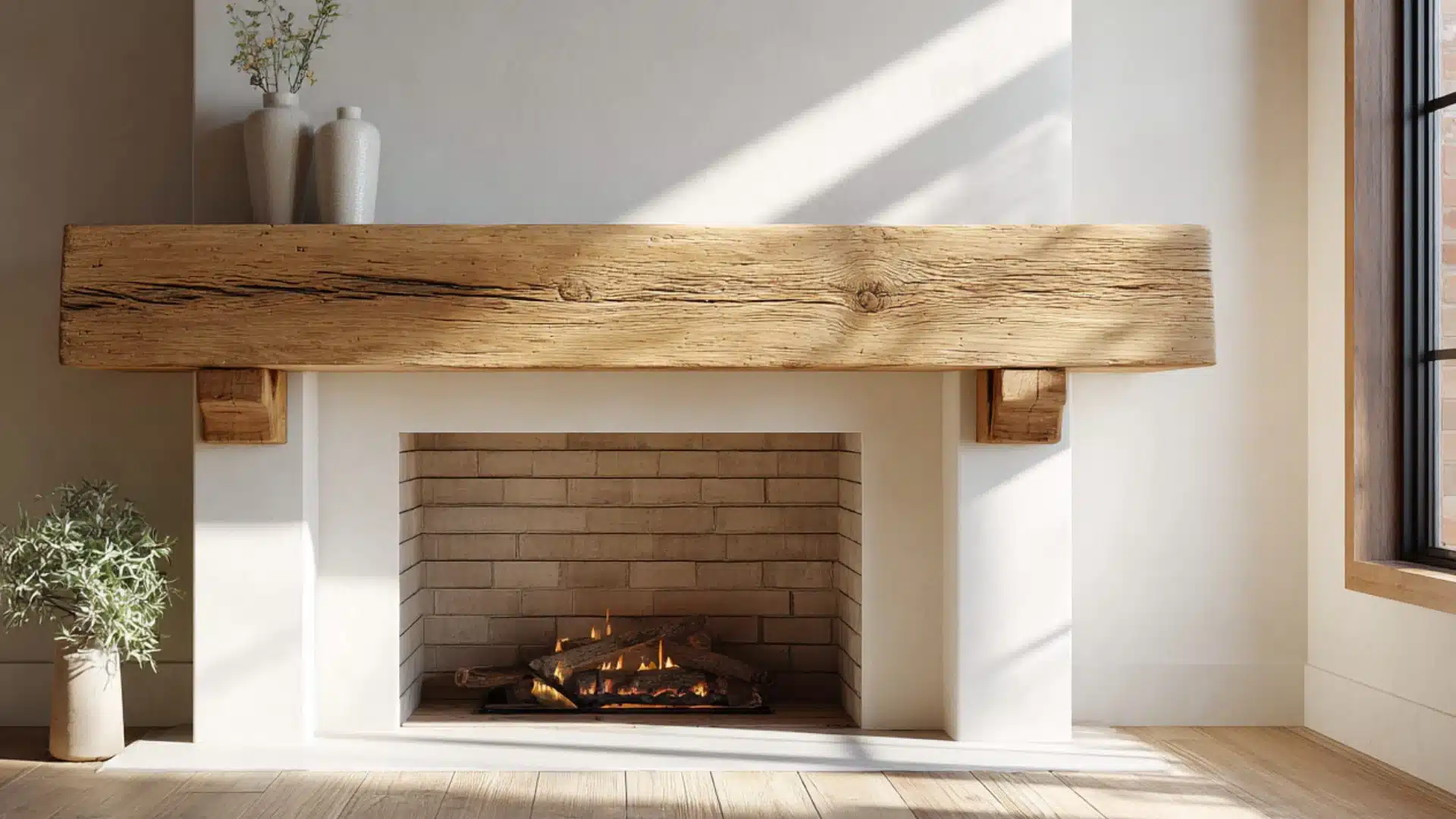 a cozy fireplace with a wooden mantle adorned with a decorative vase filled with flowers creating a warm atmosphere
