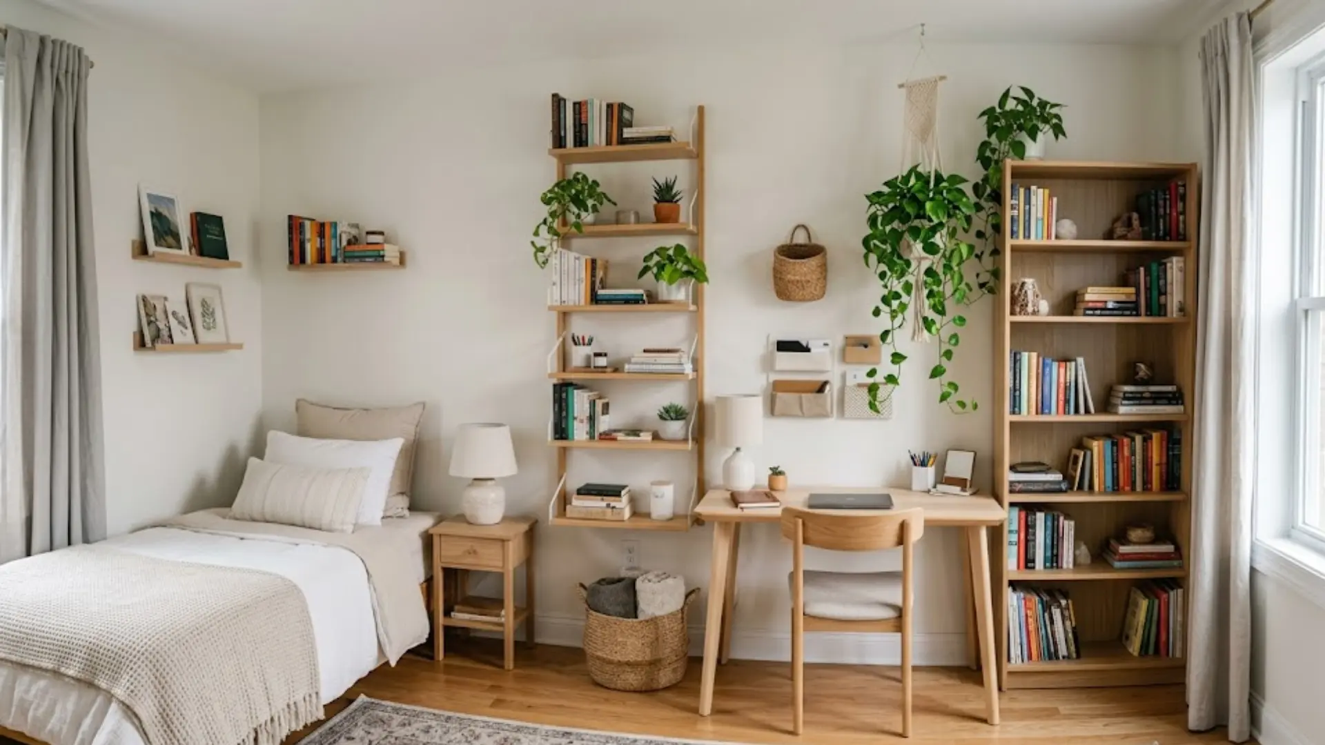 a small bedroom with a bed, desk, chair, shelves, and a narrow tall bookcase, featuring plants and many books