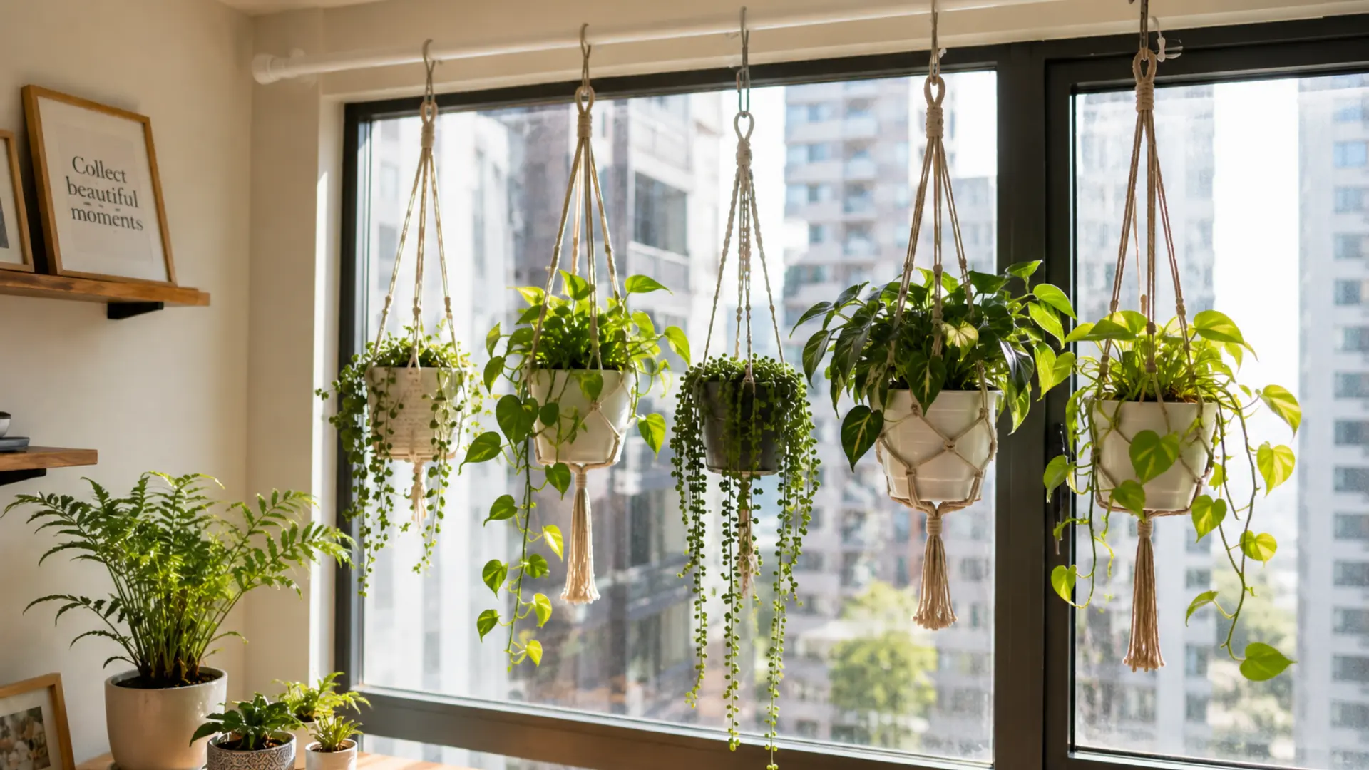 multiple macrame plant hangers with trailing green plants suspended from a tension rod across a sunny window