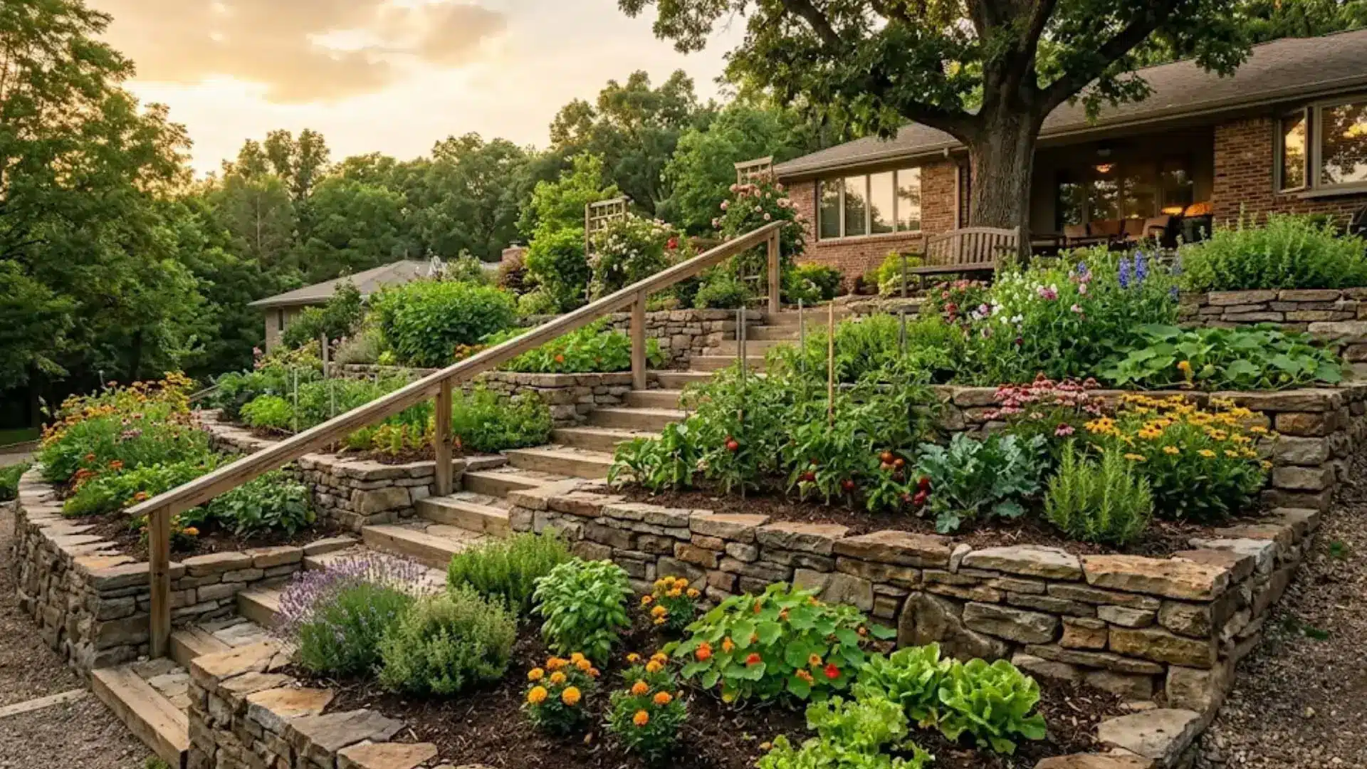 terraced garden levels with stone retaining walls, raised vegetable beds, wildflowers, and wooden stair railing