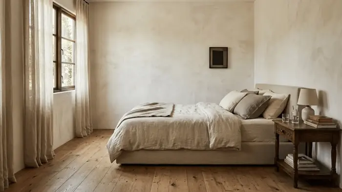 limewash plaster bedroom wall with natural texture and warm directional daylight