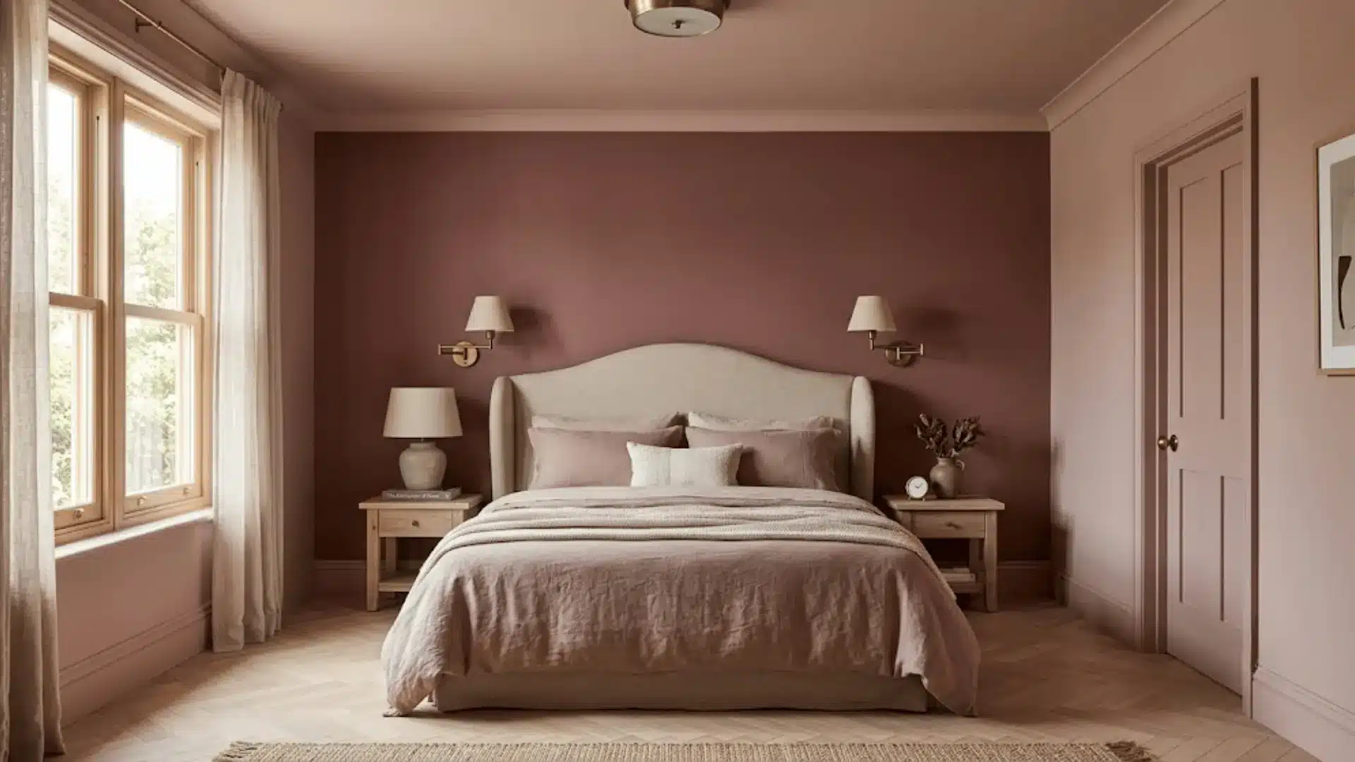 tonal color drenched bedroom with dusty rose walls in varying depths and linen headboard