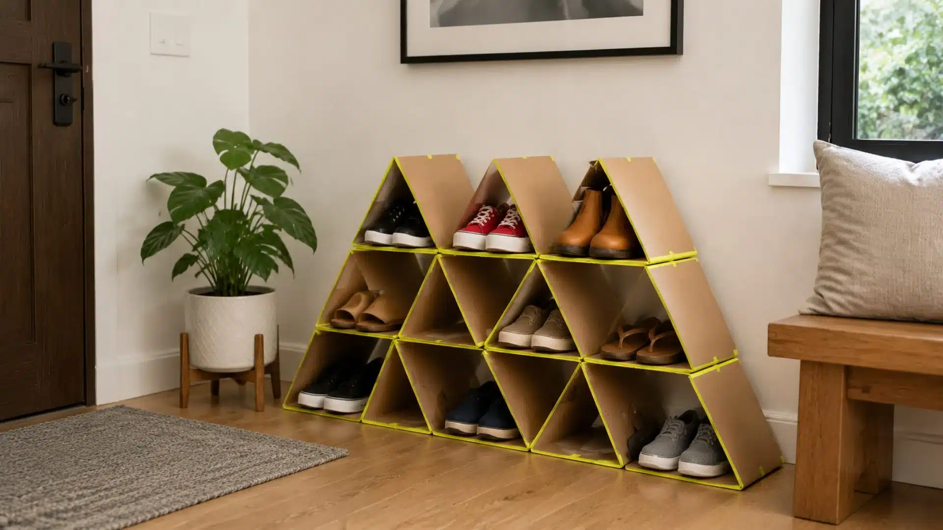 a wooden shoe rack displaying several pairs of shoes alongside a small potted plant on the top shelf