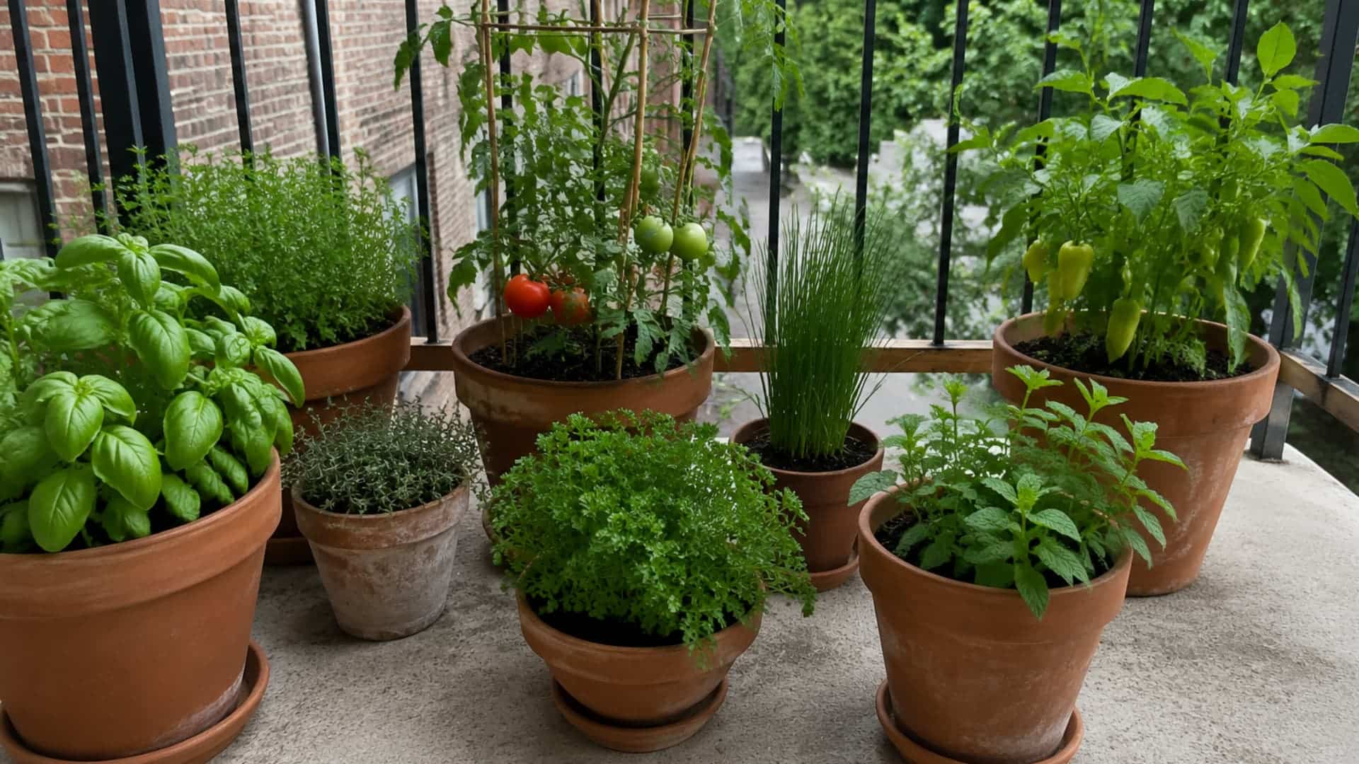 terracotta pots with herbs and vegetables growing on a balcony floor