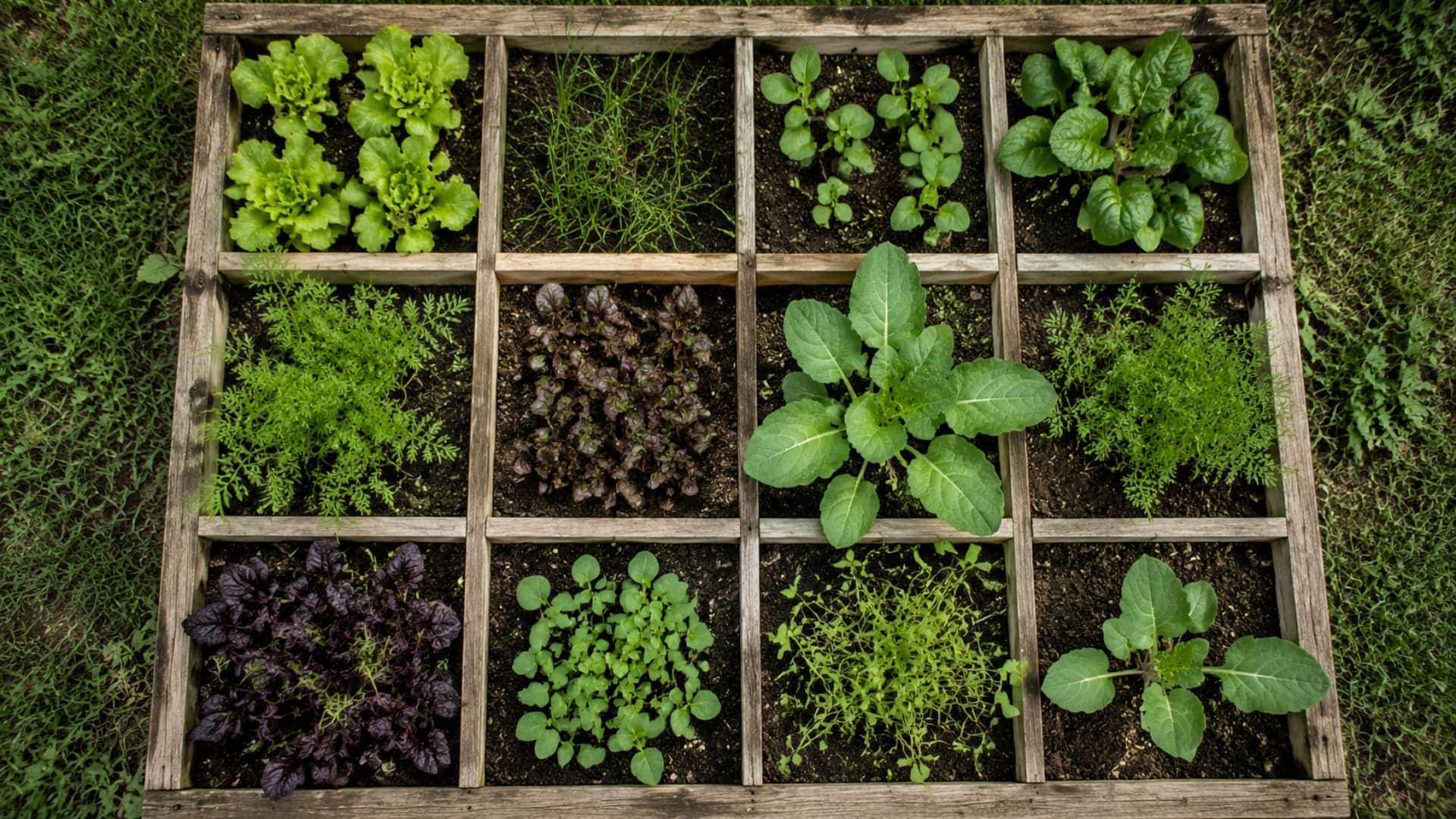 a raised bed divided into a grid with different crops growing in each square
