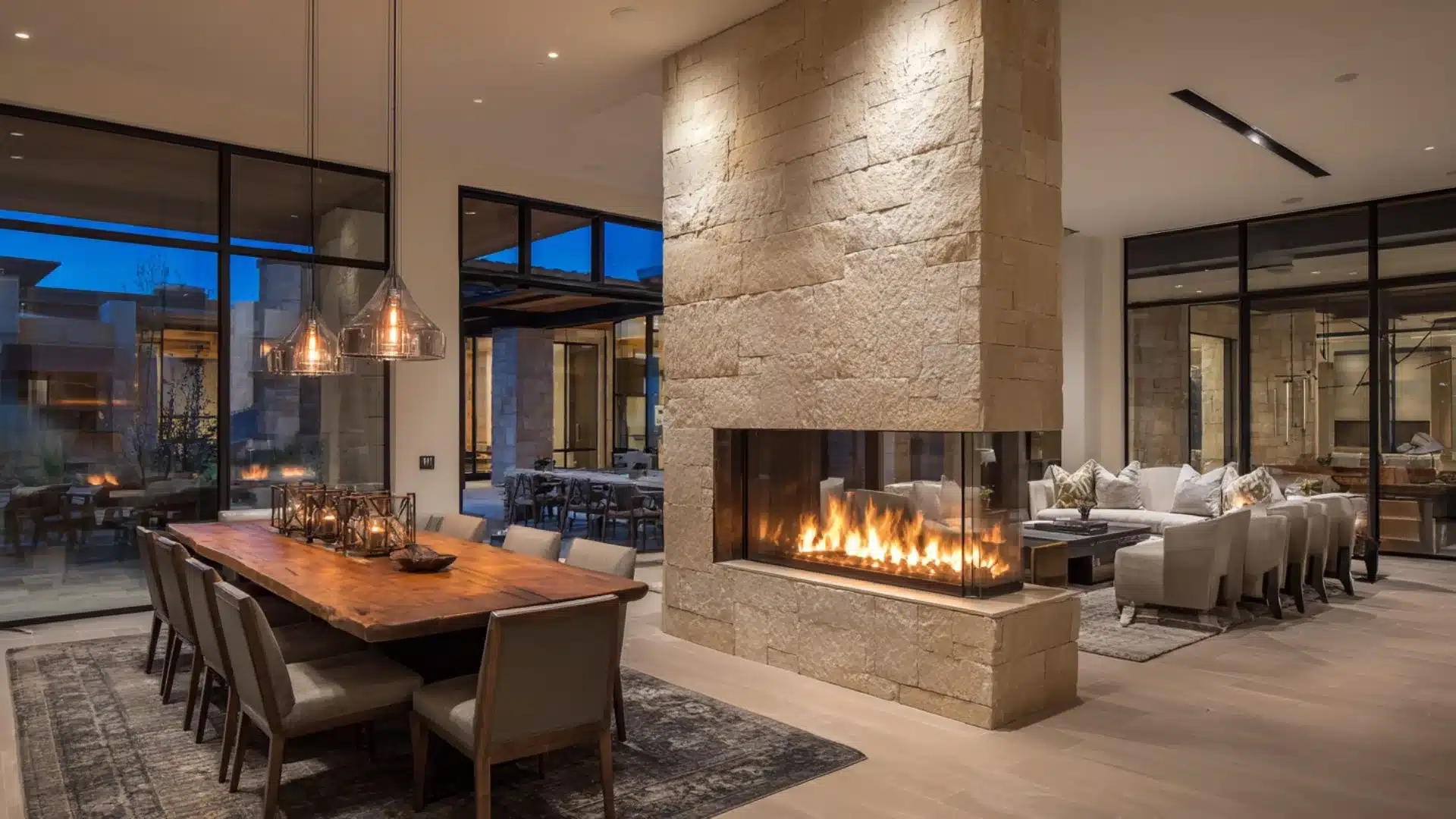 spacious living room featuring a cozy fireplace and comfortable seating arrangements with natural light streaming in