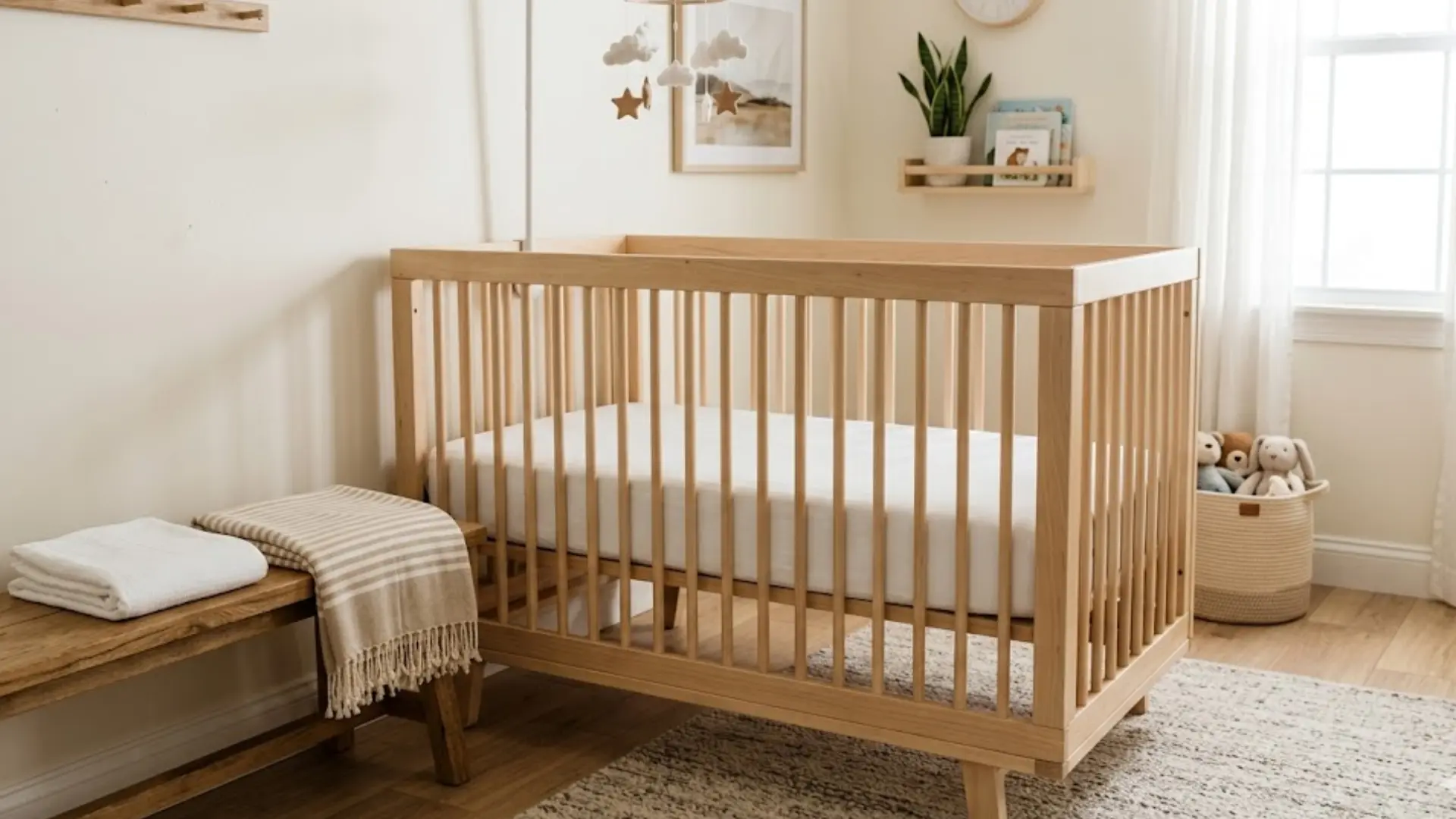 a natural wood crib with a white mattress in a soft neutral nursery with a mobile and wall shelf