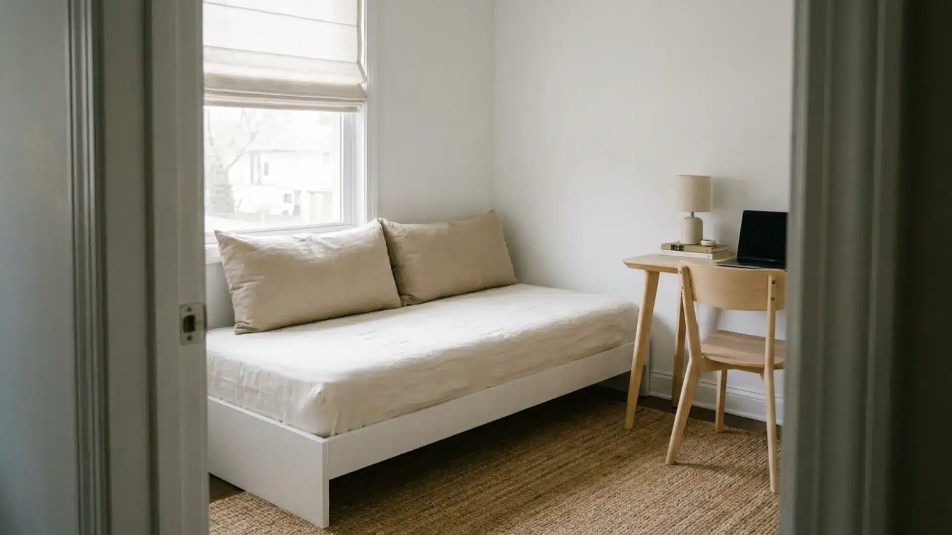 minimalist white daybed with ivory cover and structured cushions beside a slim desk