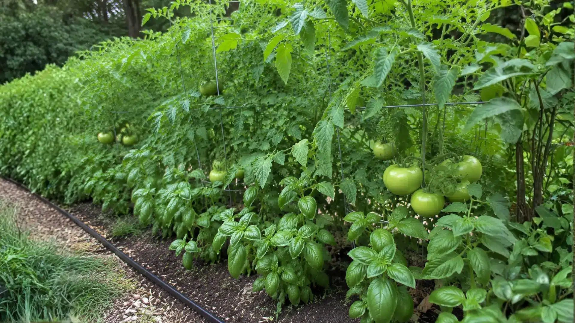 tomato plants and basil growing together in the same garden bed