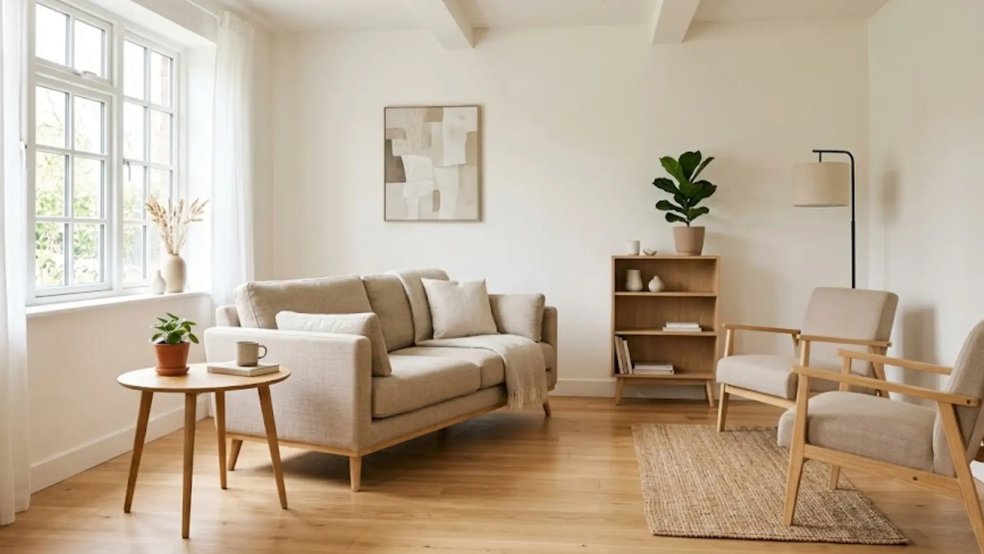 bright, airy living room featuring a beige sofa, wooden chairs, and a small round table on wood floors