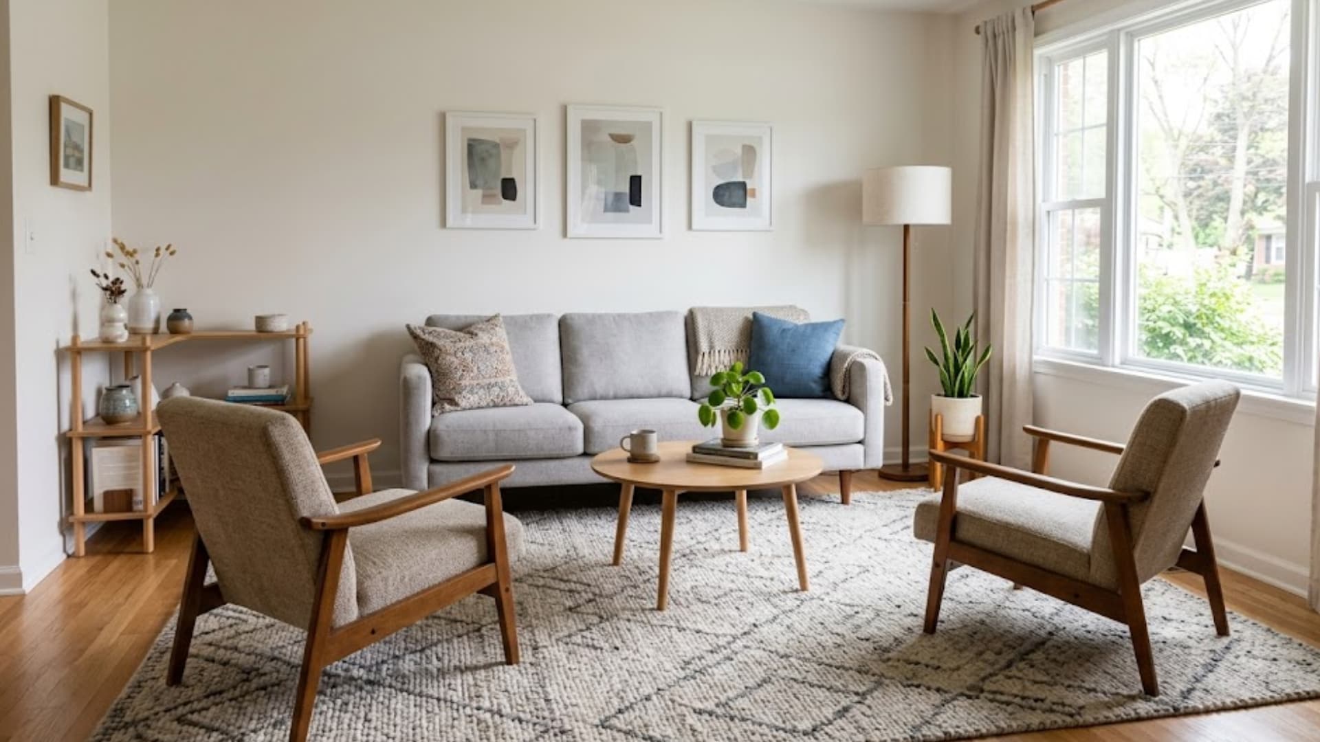 small room with a large patterned rug anchoring a grey sofa and wood chairs in natural daylight