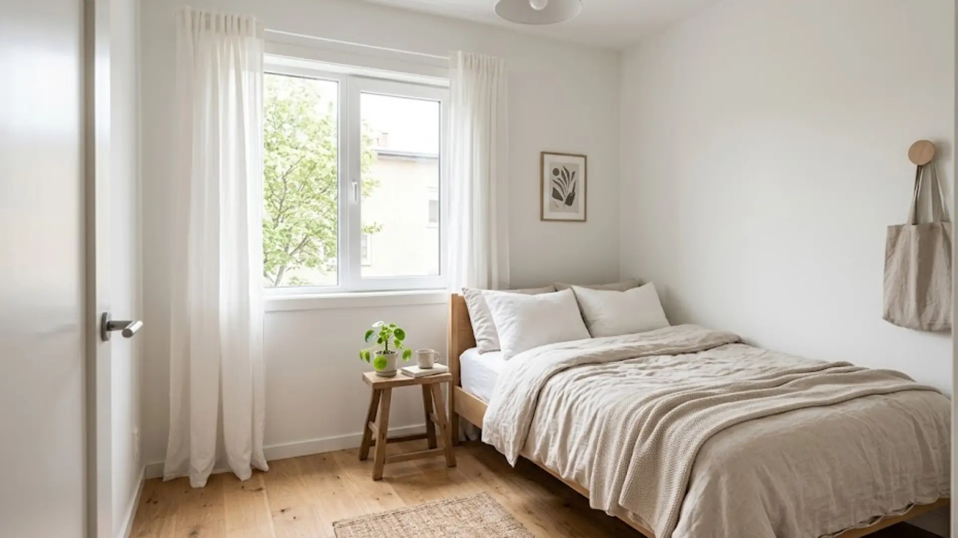 bedroom with white walls, sheer curtains, a low wood bed frame, and minimal decor to feel more spacious