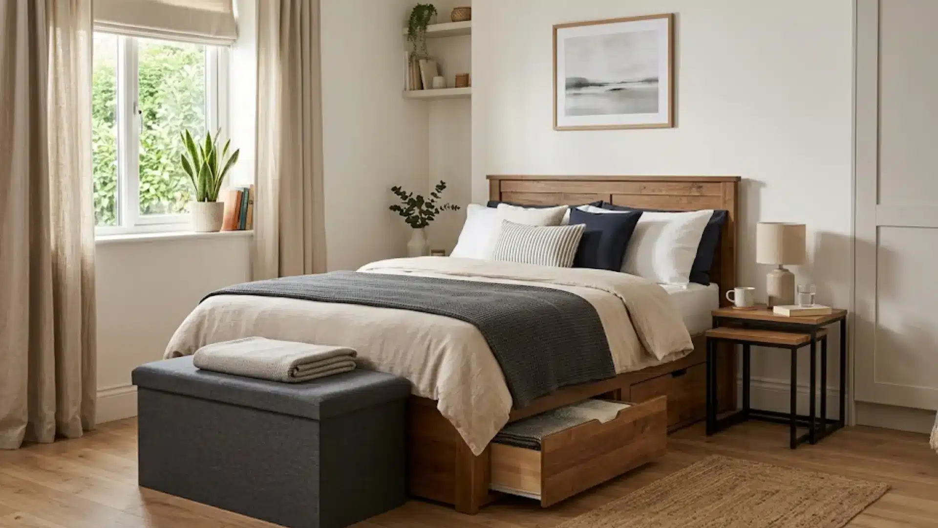 bedroom with wooden bed, open storage drawer, grey ottoman, nesting side tables, and warm window light