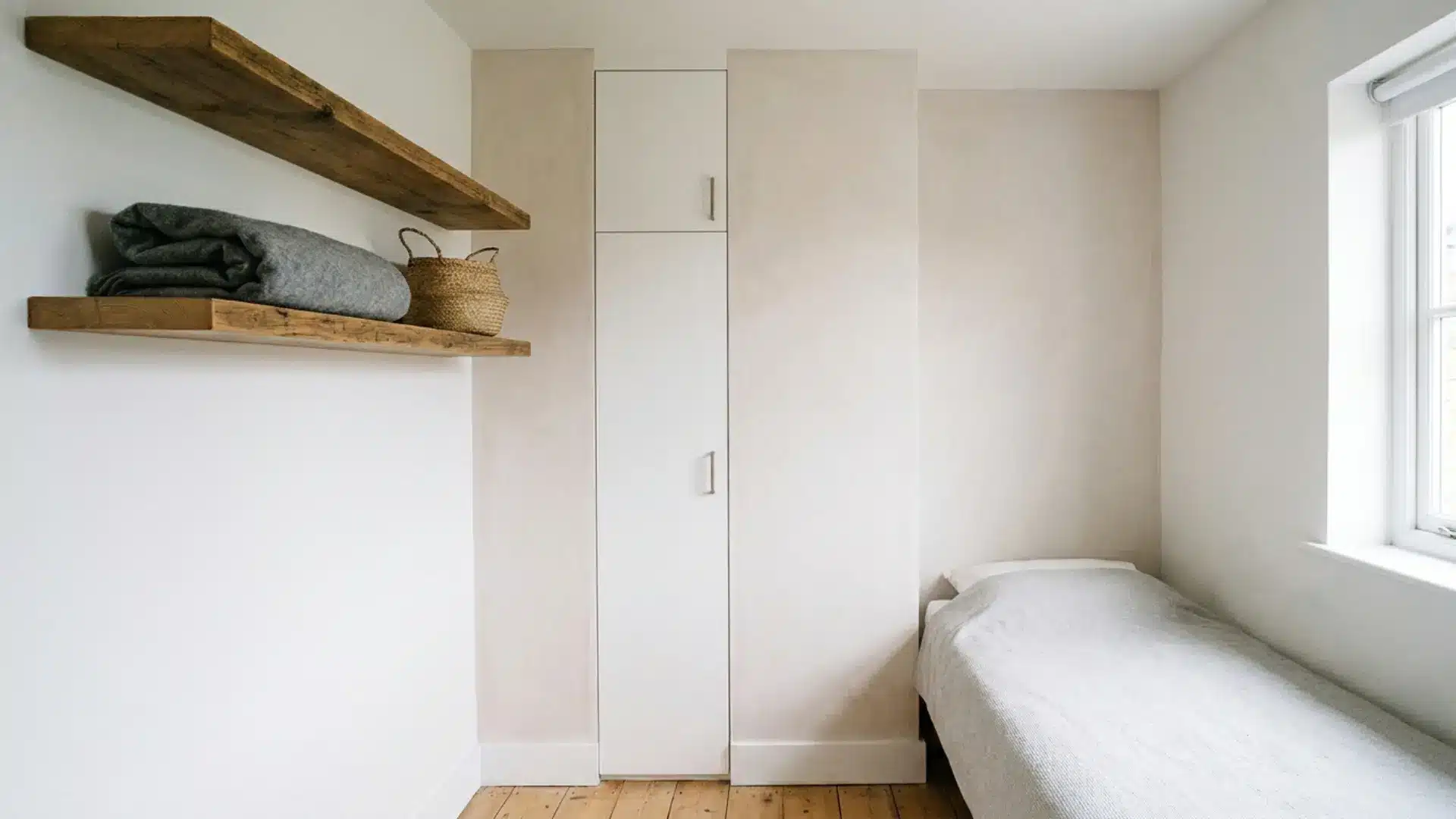 tall narrow white wardrobe and high floating shelves with clear floor in compact guest room