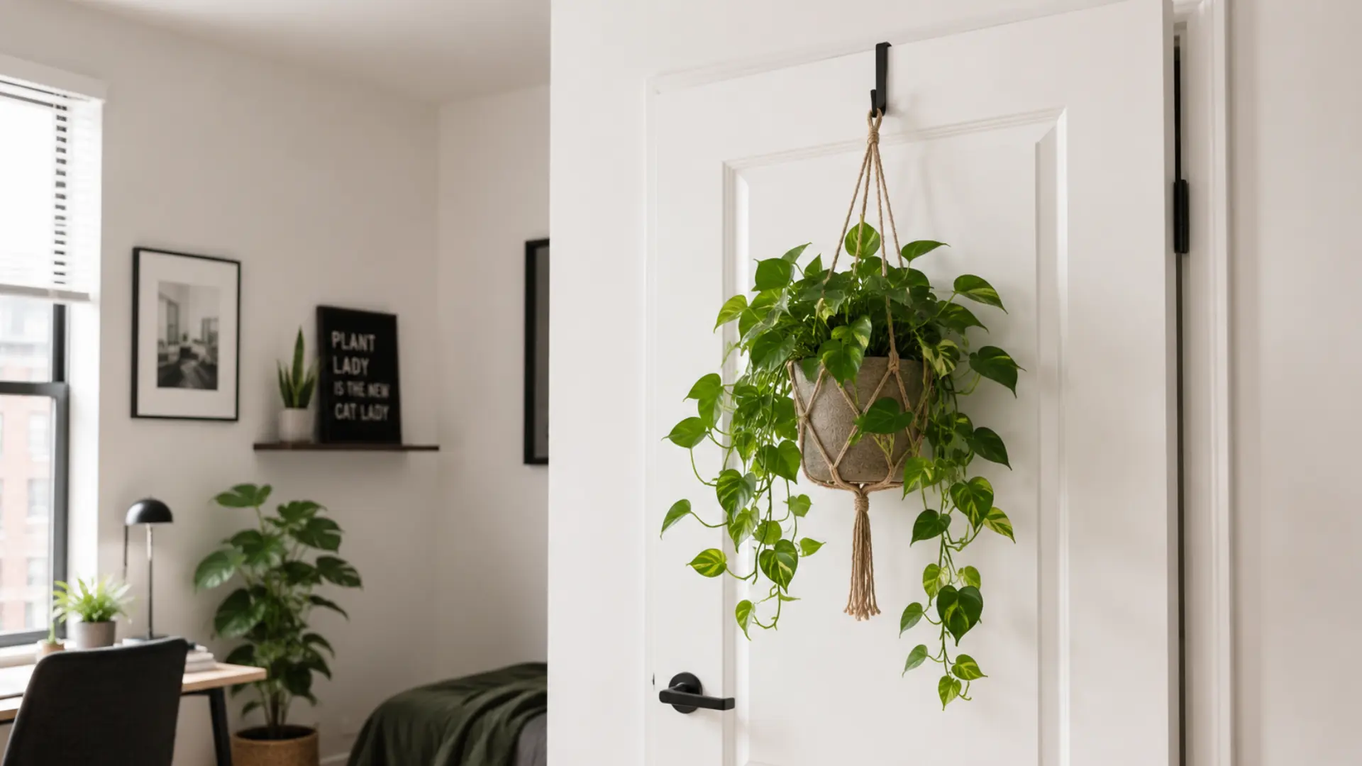 a trailing pothos in a macrame hanger suspended from an over-the-door hook on a white door