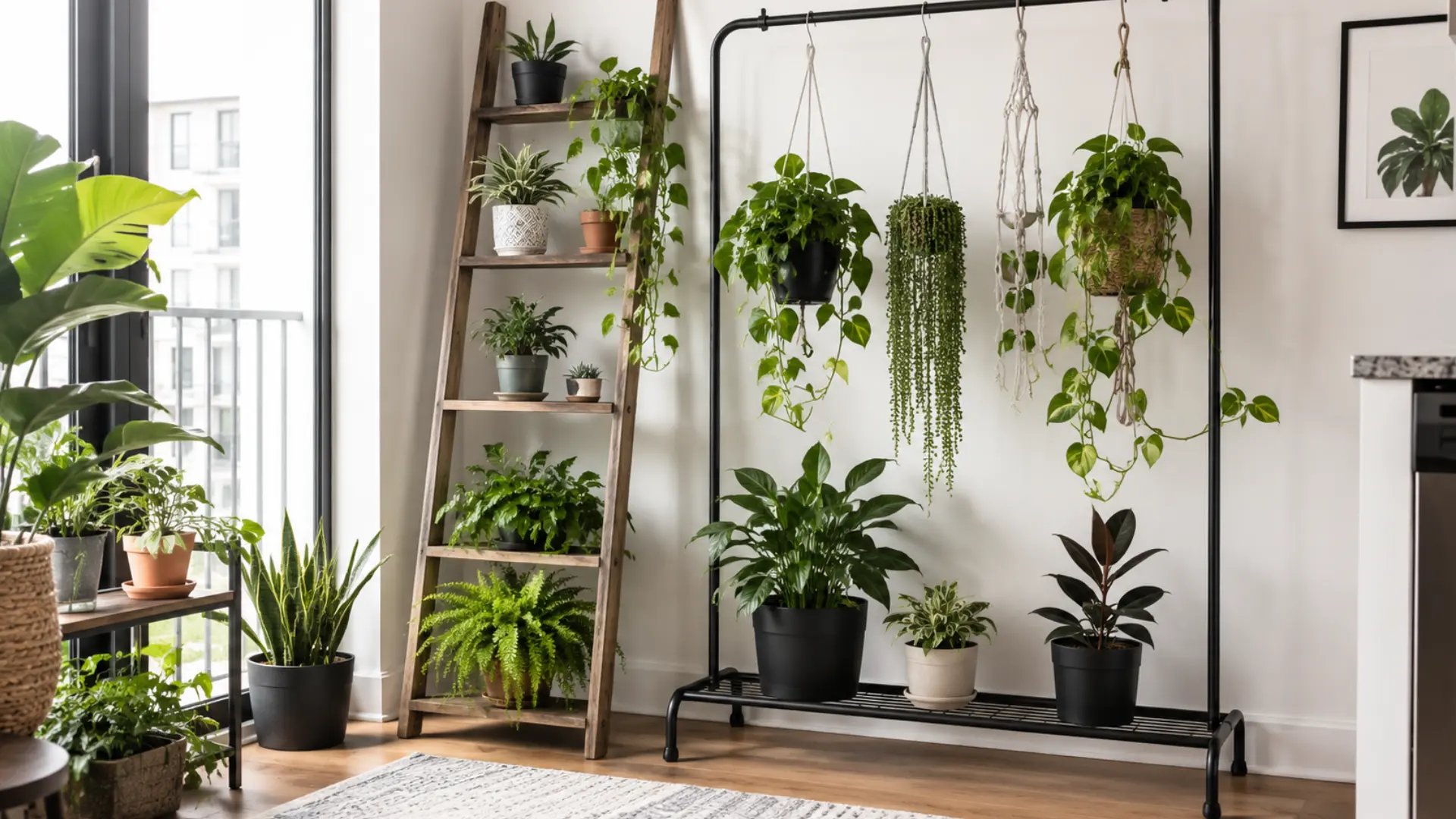 a wooden ladder and black clothing rack displaying potted and hanging green plants in a bright room
