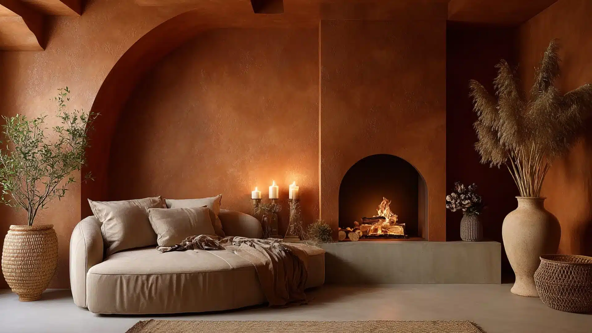 a cozy living room featuring a warm fireplace and a comfortable couch arranged for relaxation and socializing