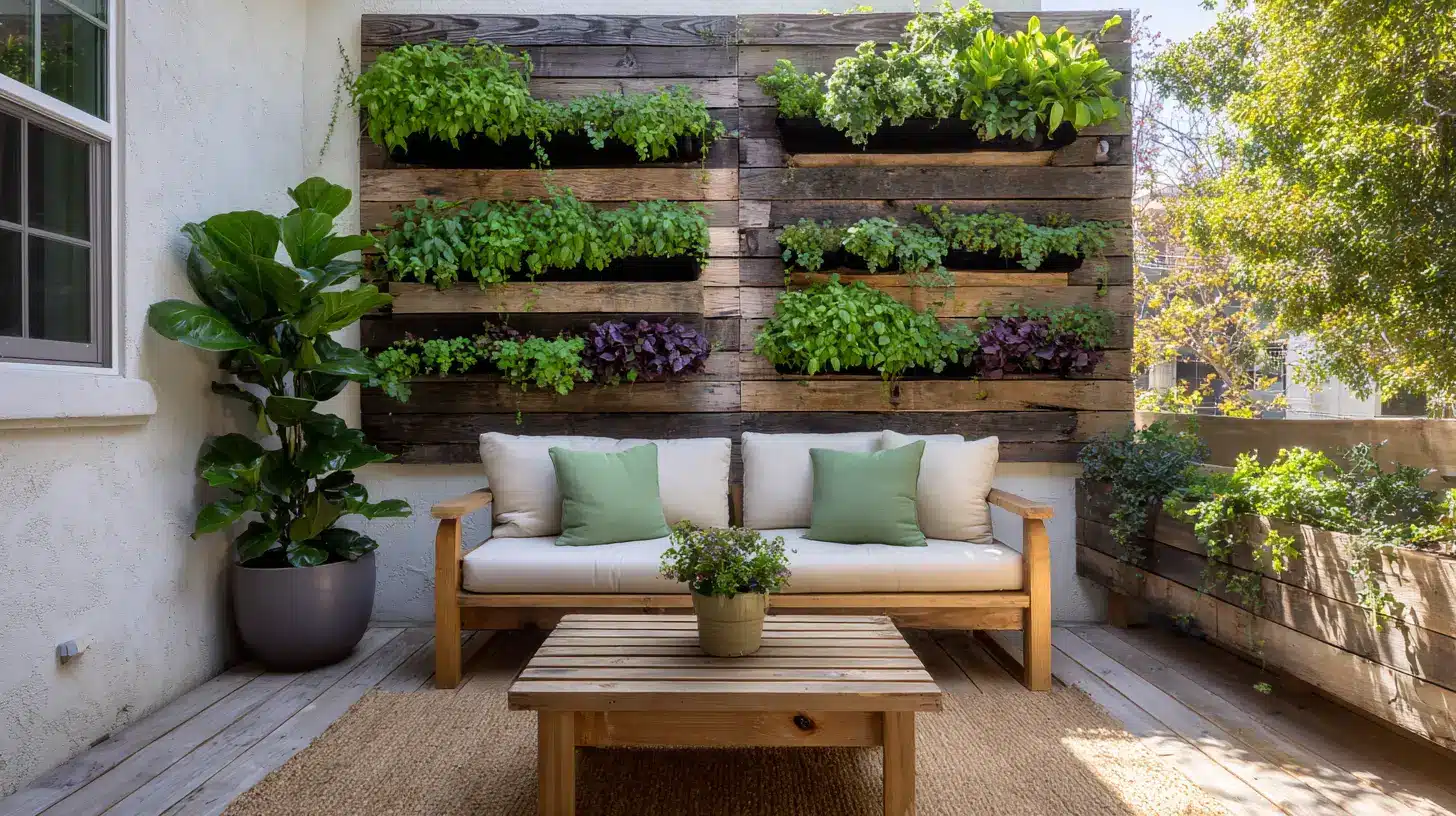 small outdoor deck with vertical garden wall jute rug and cream sofa in natural morning light