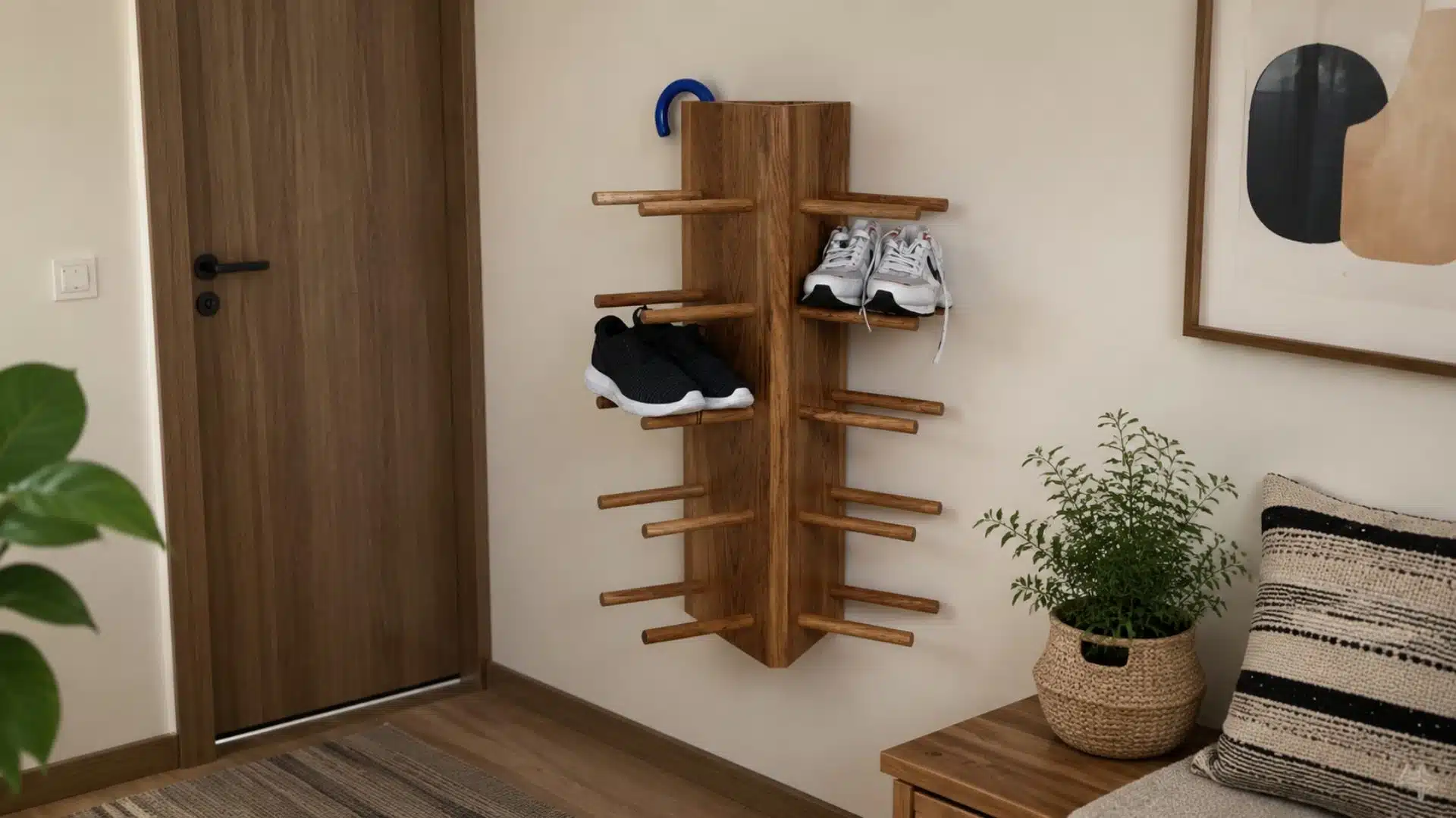 a wooden shoe rack with multiple shelves displaying shoes and a small green plant on top for decoration
