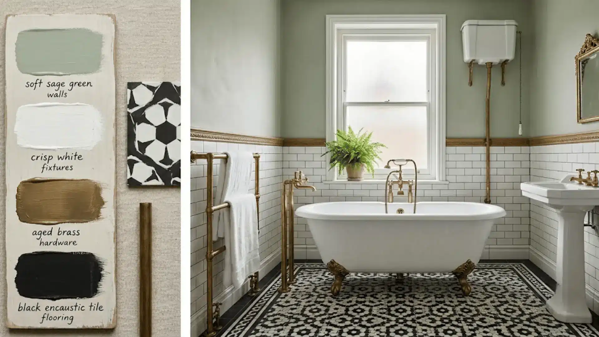 victorian bathroom editorial with color palette board, clawfoot tub, encaustic tiles, and sage green walls