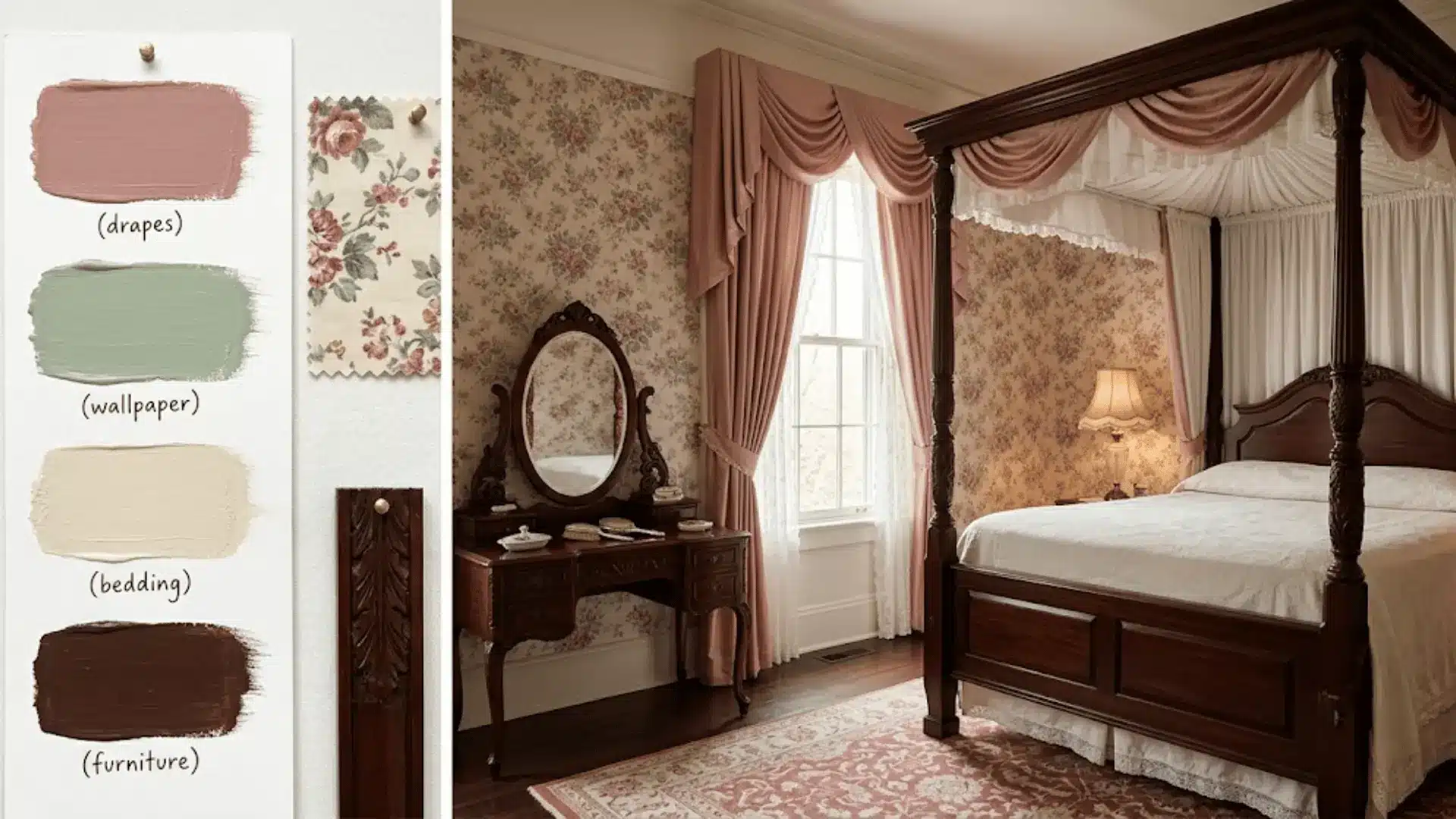 victorian bedroom editorial with color palette board, mahogany four-poster, floral wallpaper, and morning light