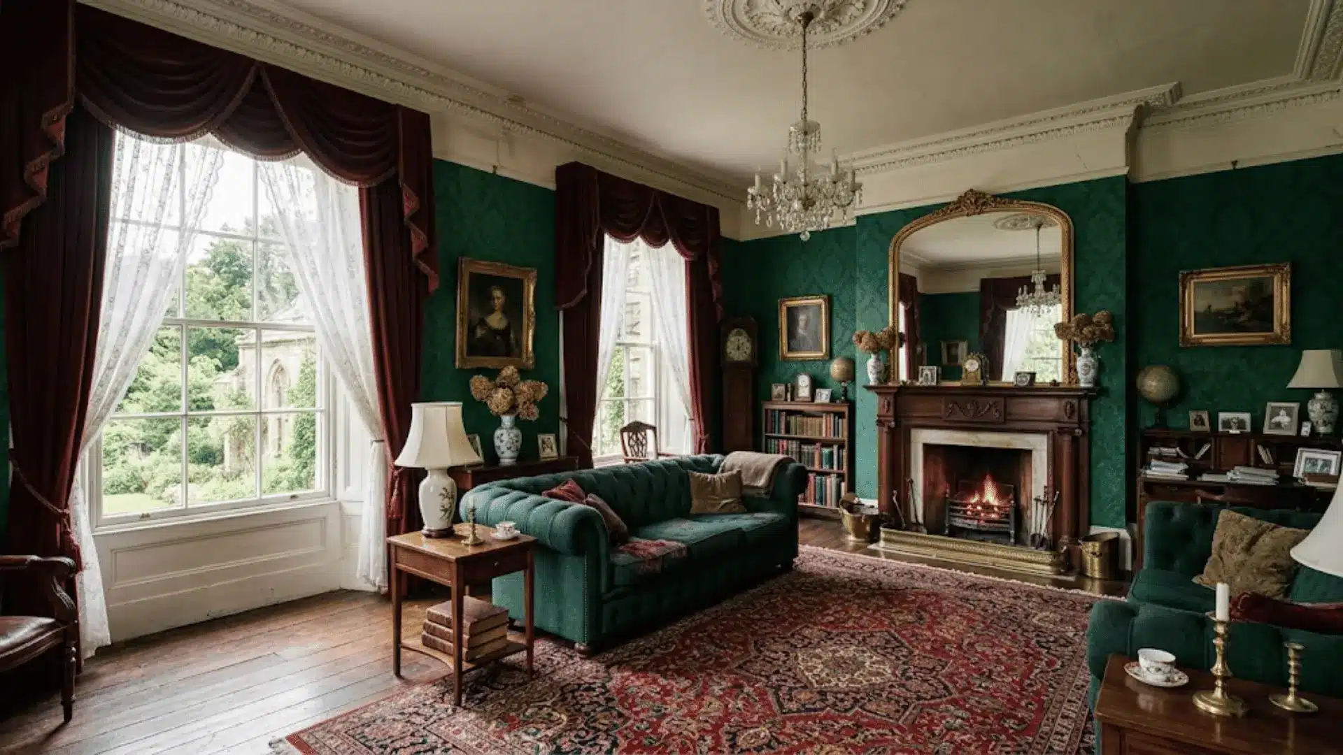 victorian drawing room with emerald wallpaper, carved fireplace, chesterfield sofa, and persian rug in natural light