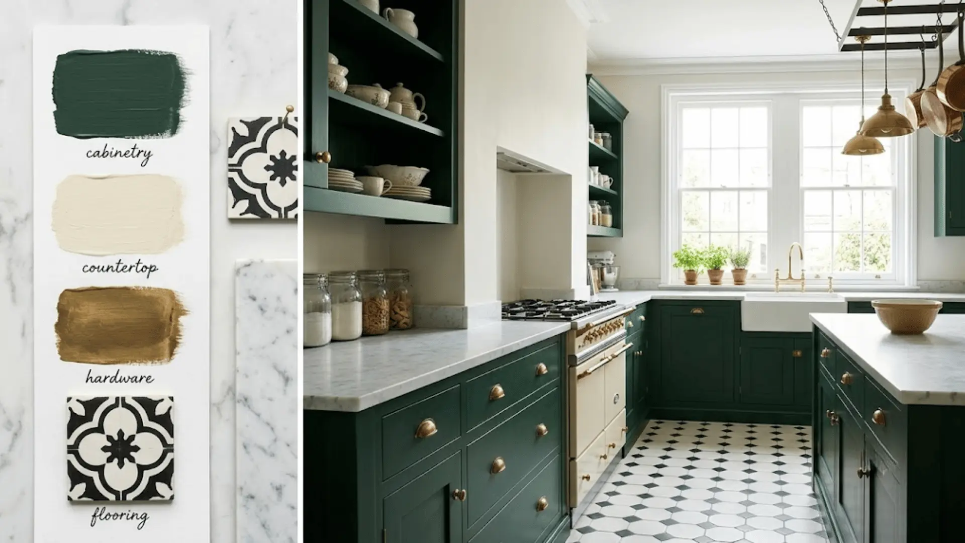 victorian kitchen editorial with color palette board, forest green cabinetry, farmhouse sink, and encaustic tile floor
