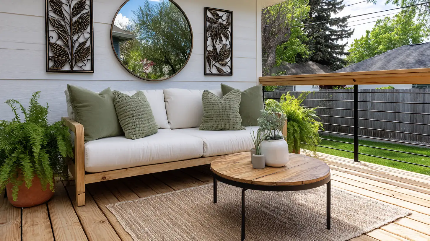 large round outdoor mirror and metal wall art on white deck wall behind linen sofa and jute rug