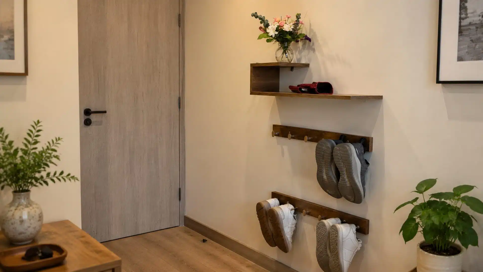 a hallway featuring a wooden shelf adorned with various shoes neatly arranged on it on verticle hooks