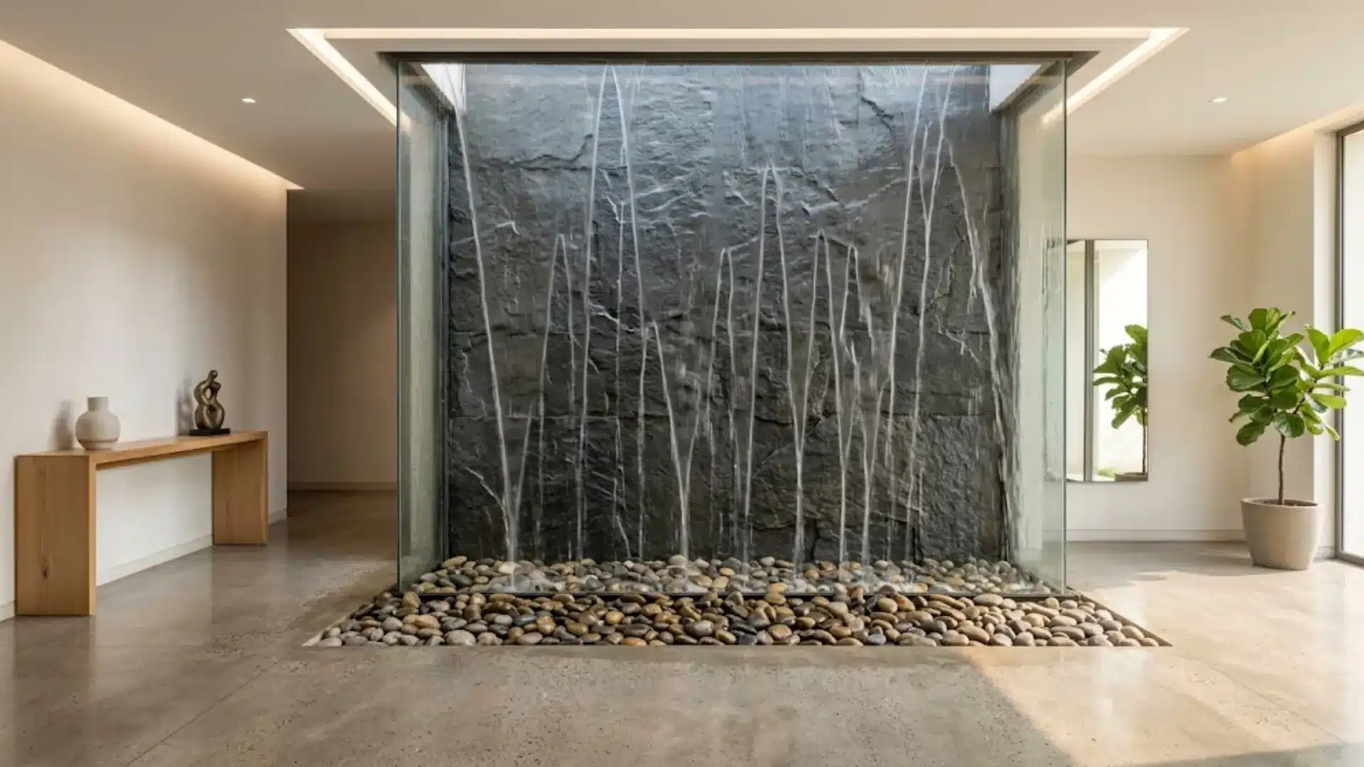 floor-to-ceiling slate water feature in a minimalist entryway with concrete floors and oak console