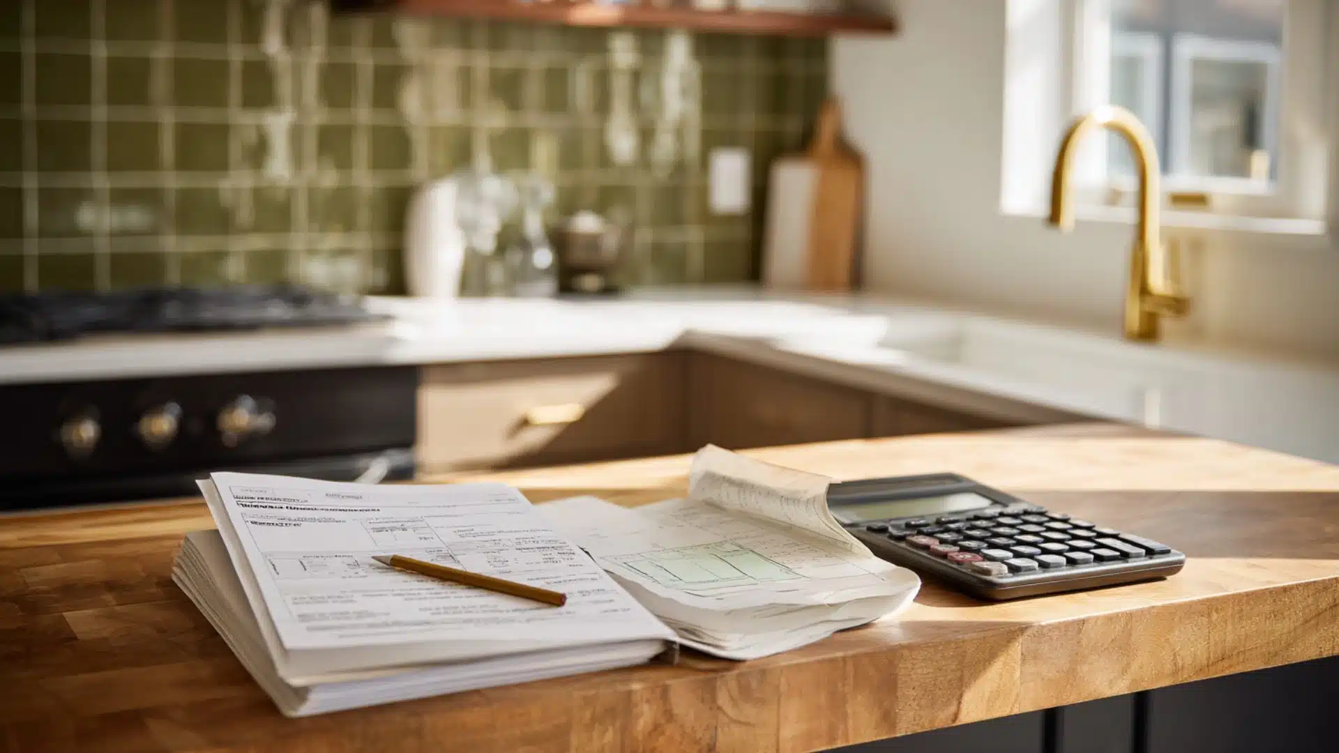 contractor quote sheets, a pencil and calculator placed on a butcher block kitchen counter