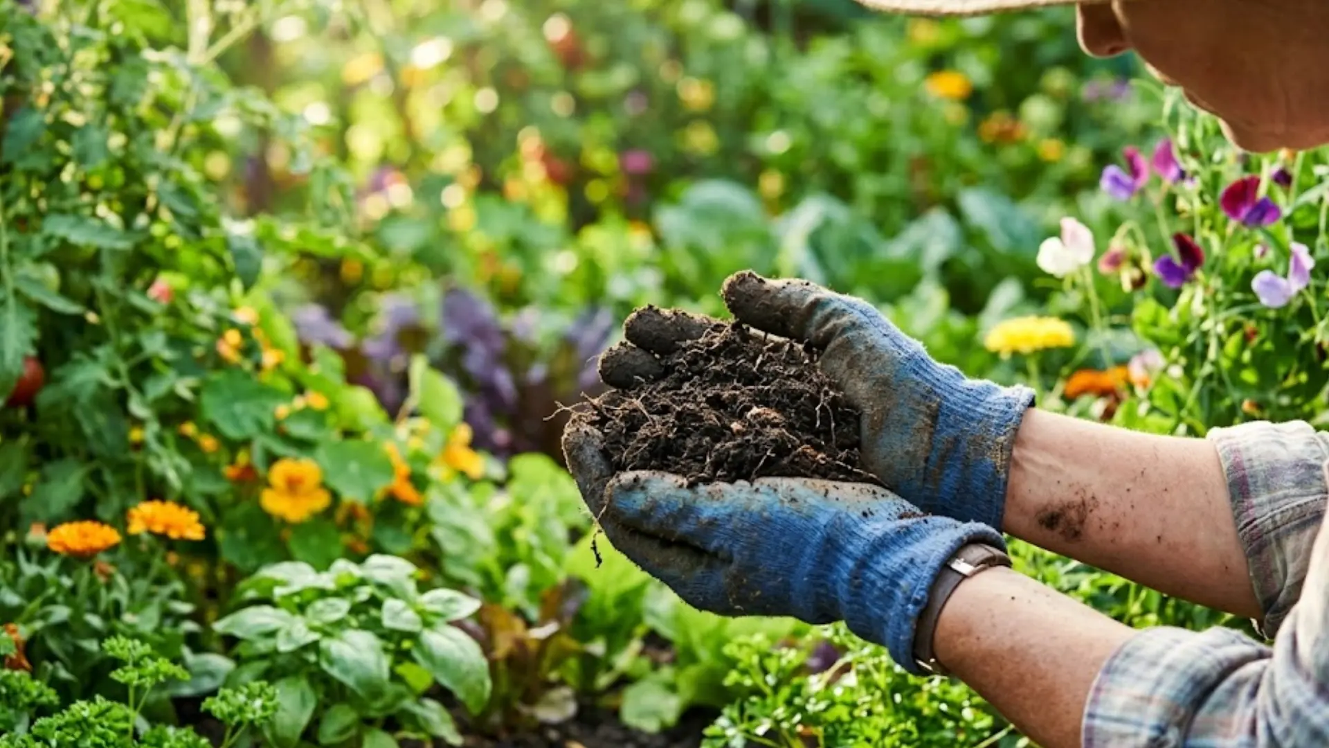 a gardener in gloves holding rich dark soil in a colorful garden bed with vegetables and flowers