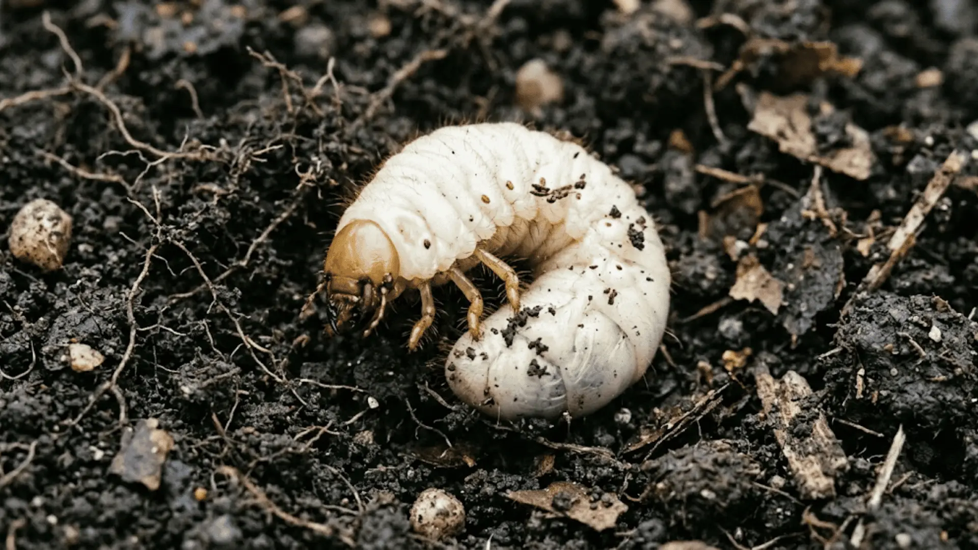 close-up of a c-shaped white grub in dark garden soil with visible head and small legs
