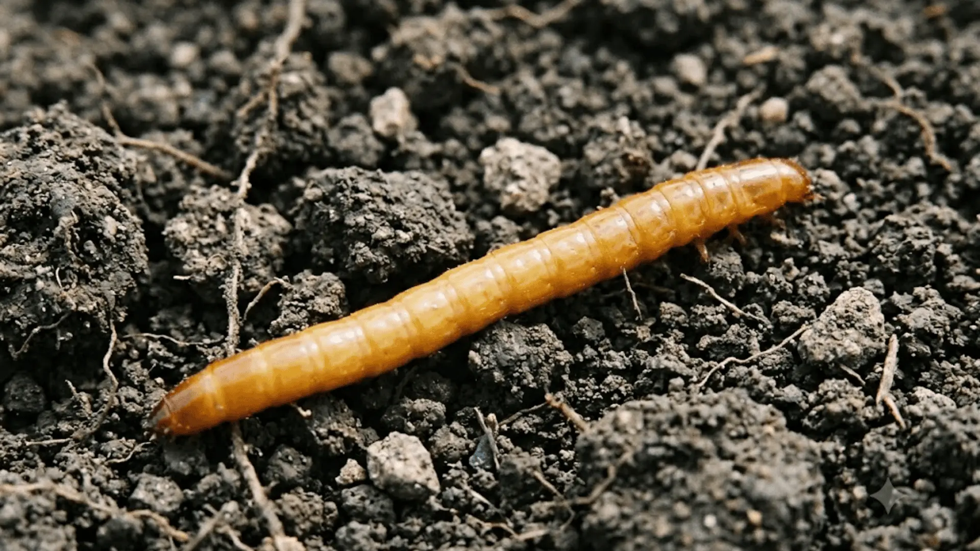 close-up of a yellowish-orange wireworm on dark freshly tilled garden soil with root fragments