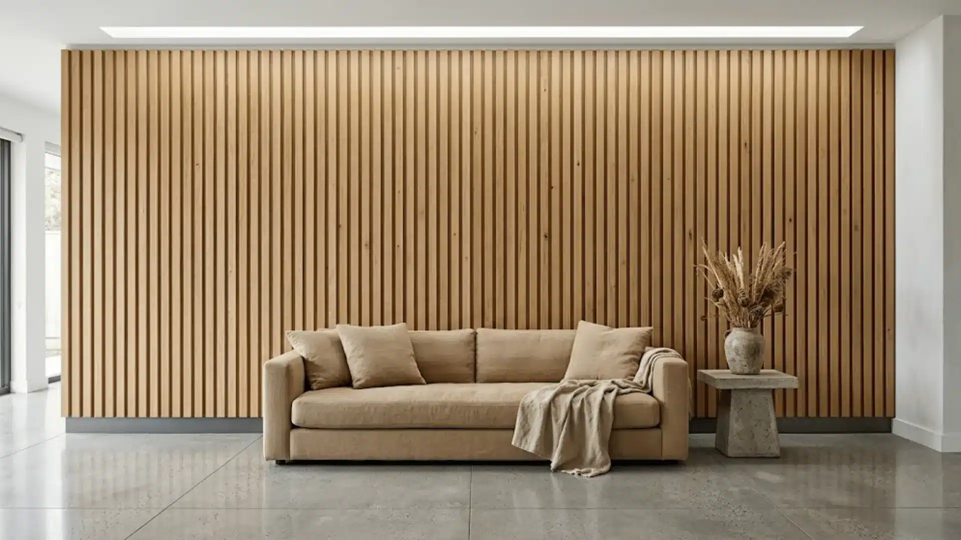 vertical oak wood slat feature wall in a modern living room with linen sofa
