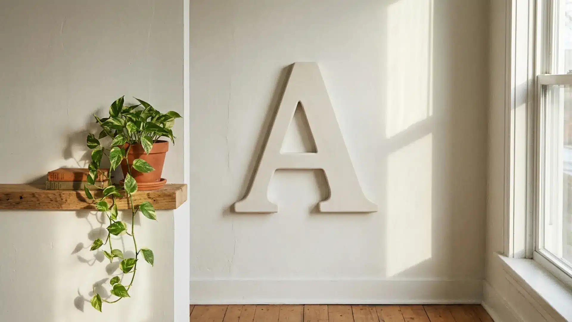 large wooden monogram letter in matte white mounted on soft bedroom wall
