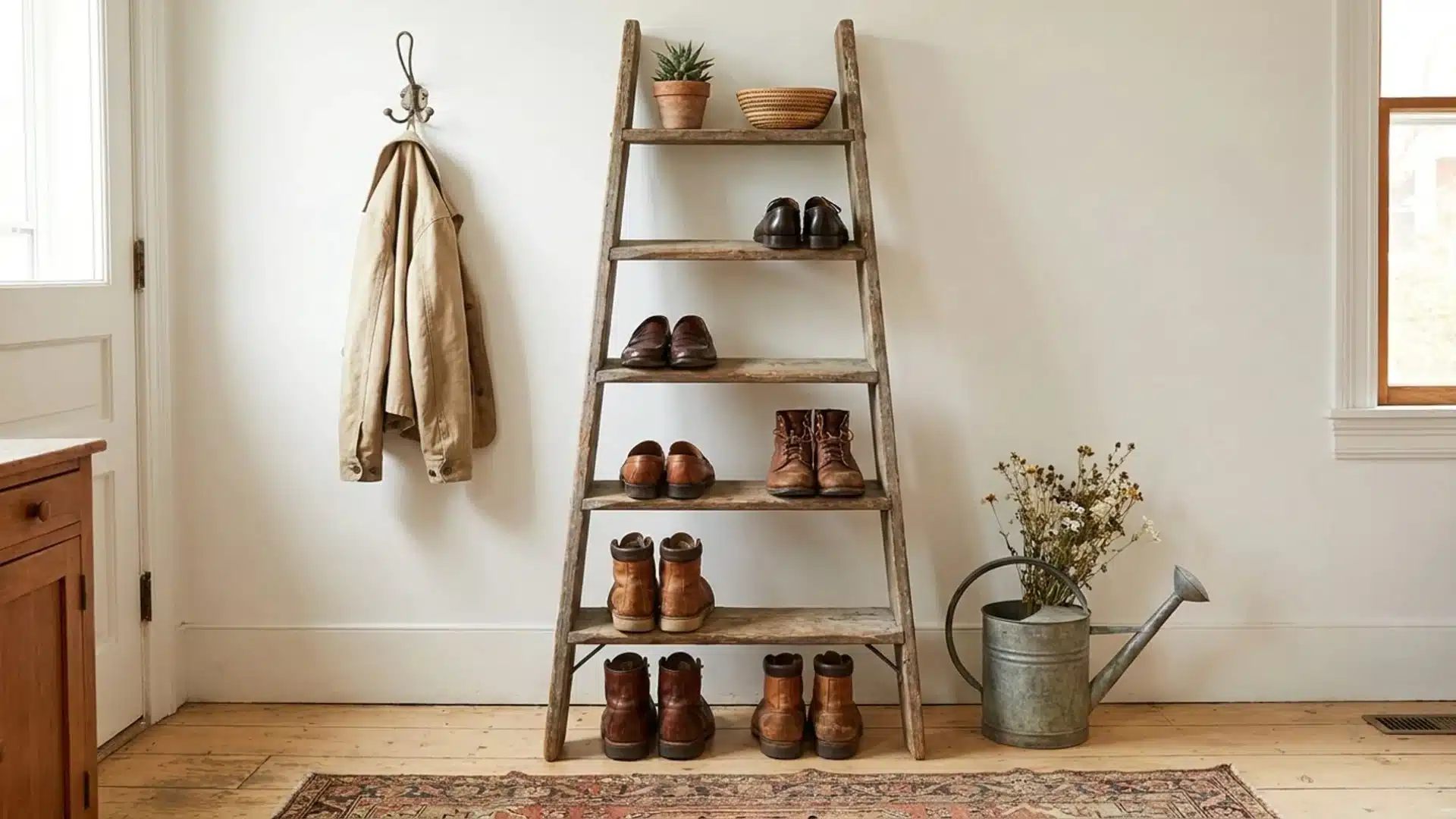 a wooden ladder leaning against a wall with various shoes and boots arranged on its rungs in a casual display