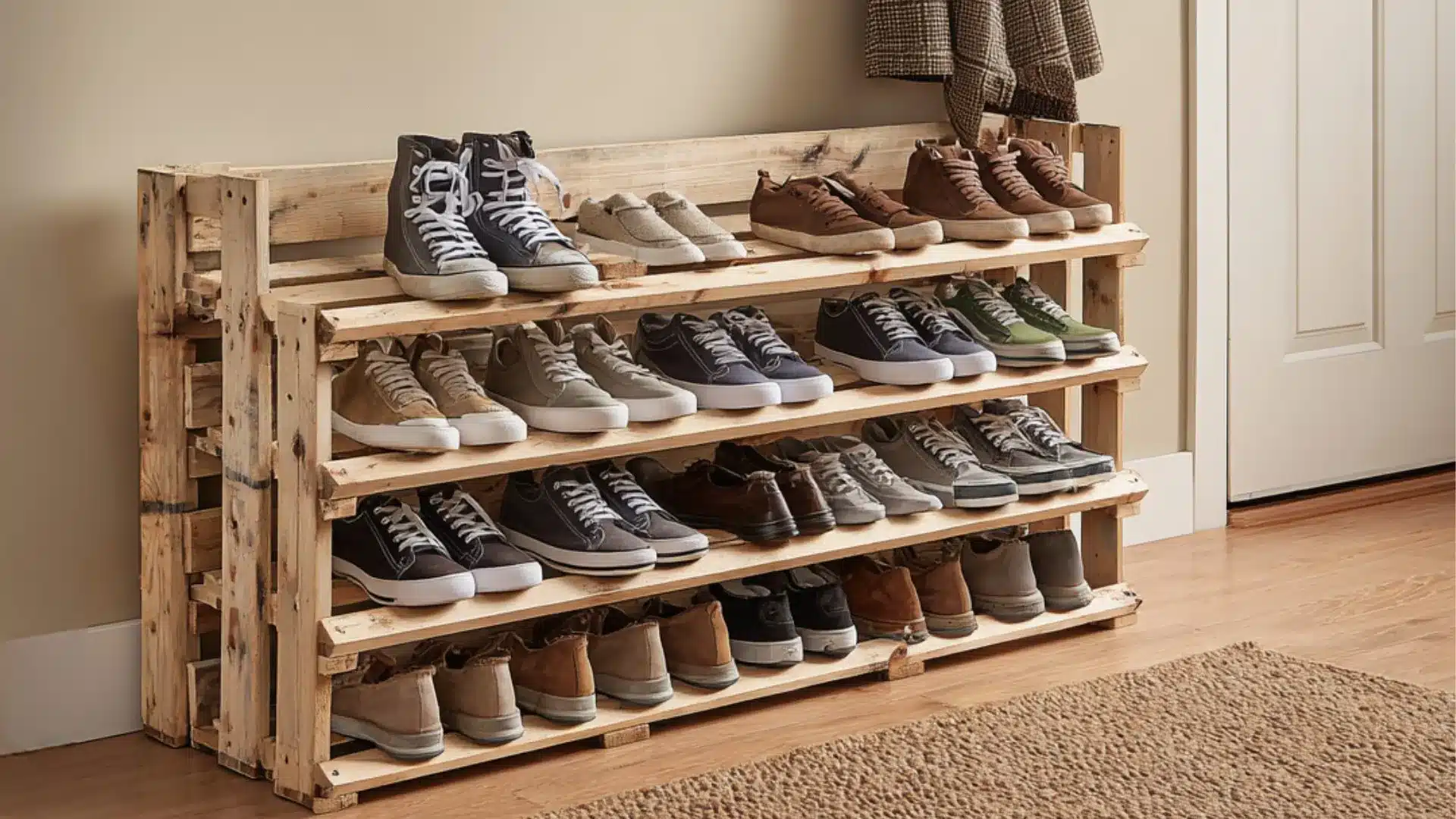 wooden shoe rack featuring multiple shelves with pairs of shoes arranged in an orderly fashion