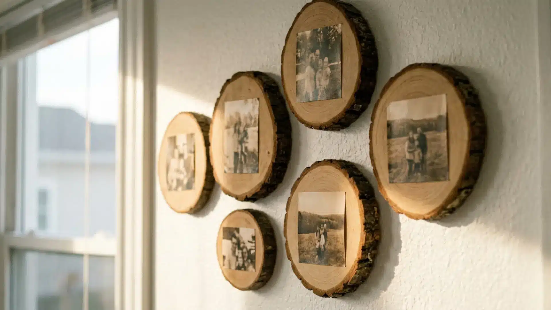 natural wood slice rounds with printed photos mounted in cluster on white wall