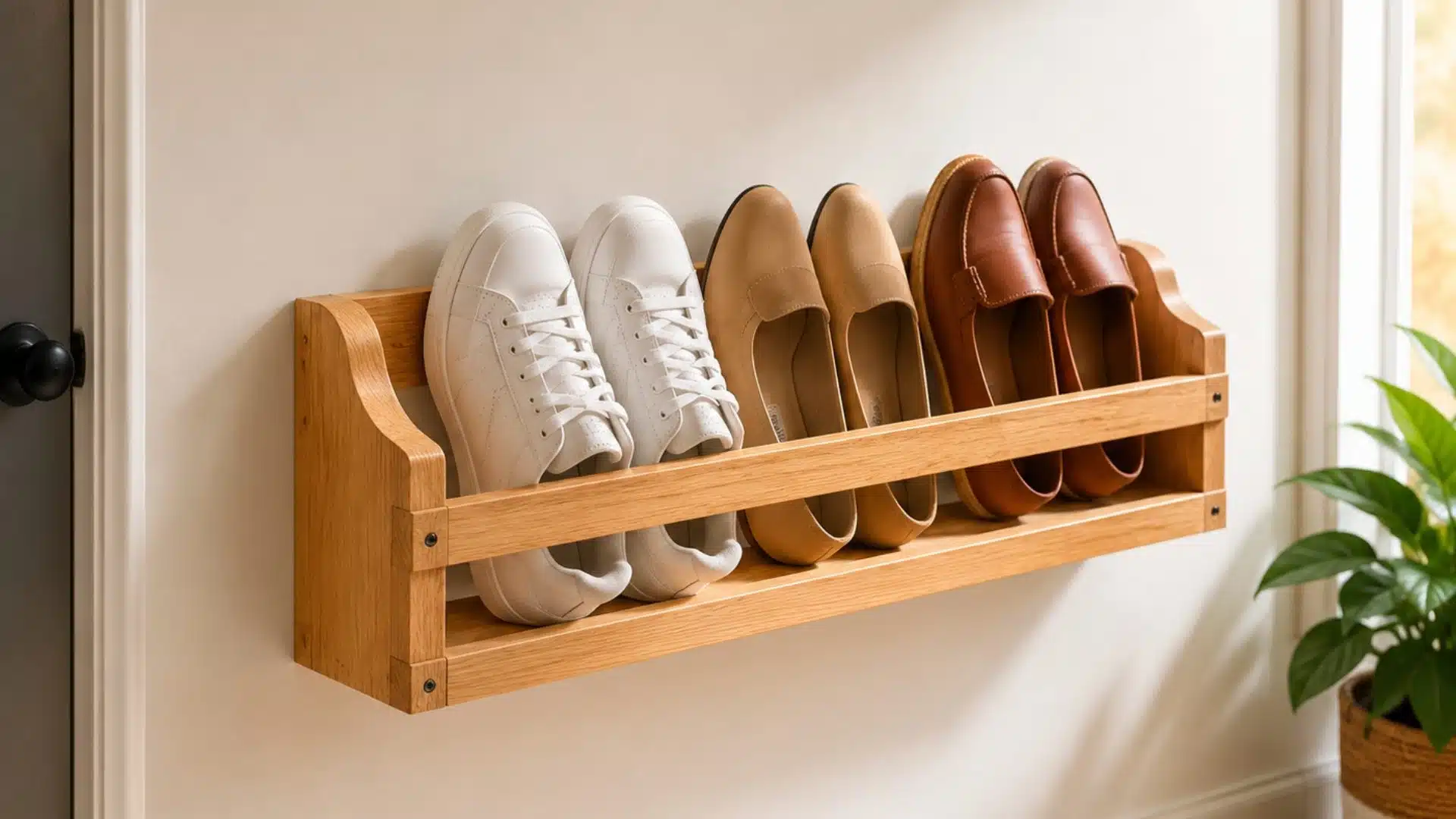 wooden shoe rack displaying two pairs of shoes in various styles and colors arranged neatly on the shelves