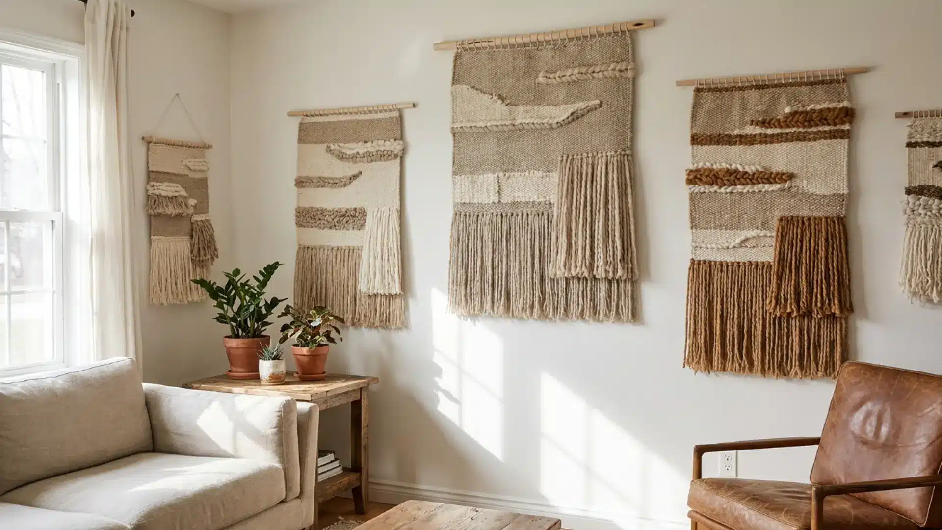 woven wall hanging in neutral tones mounted on white bedroom wall