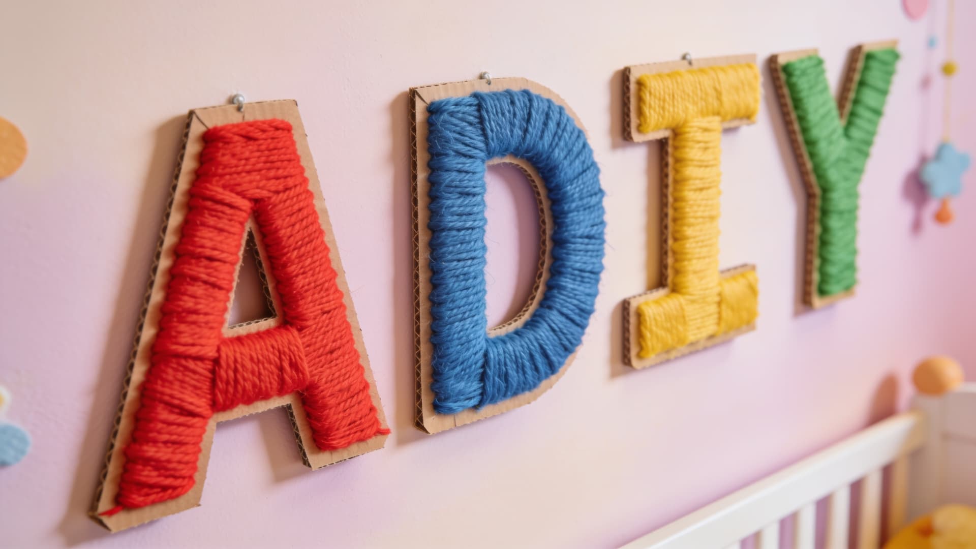 yarn wrapped letter display in bold color mounted on kids room wall