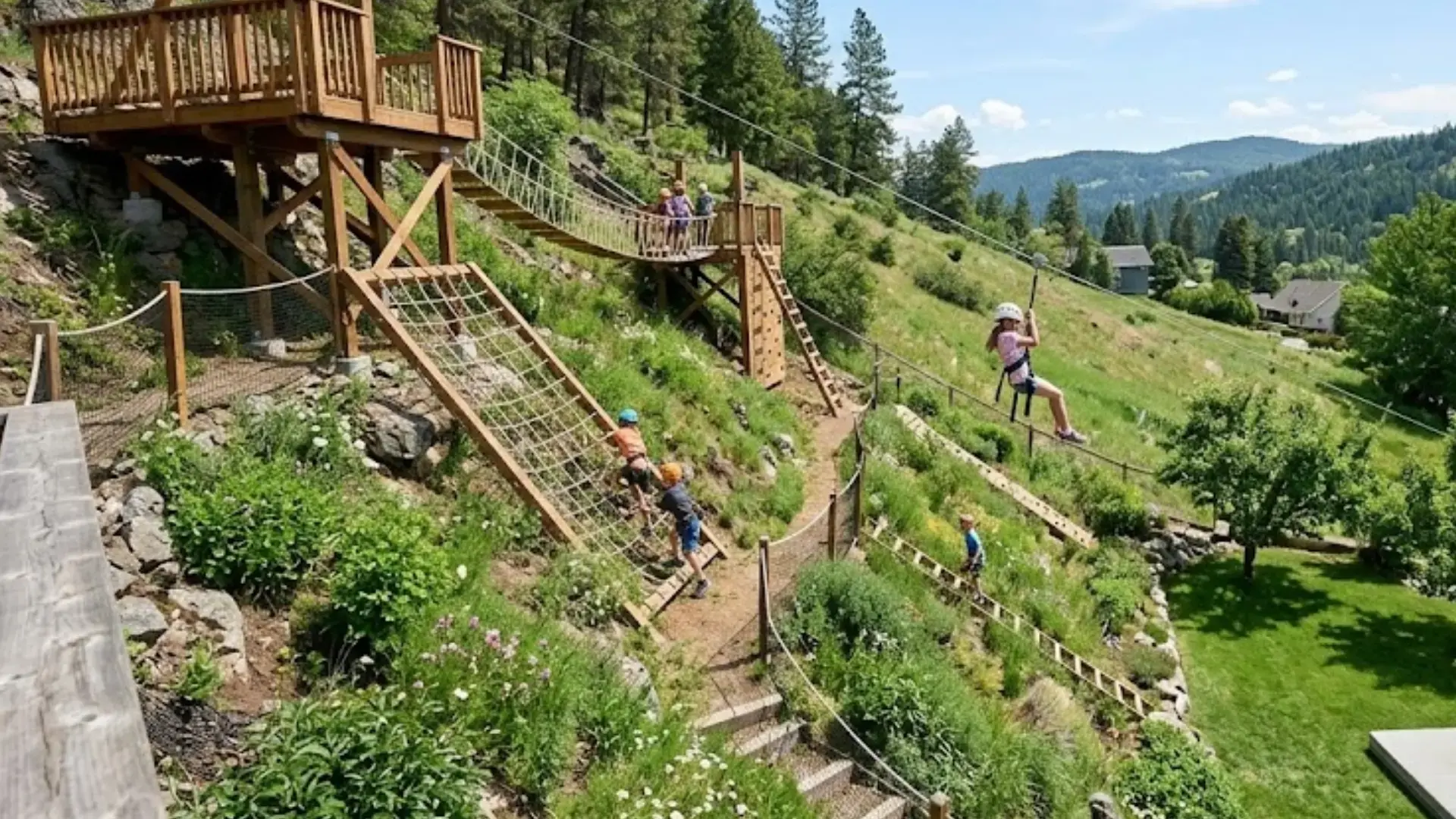 kids on a backyard hillside zip line and rope climbing wall adventure play zone on a grassy slope