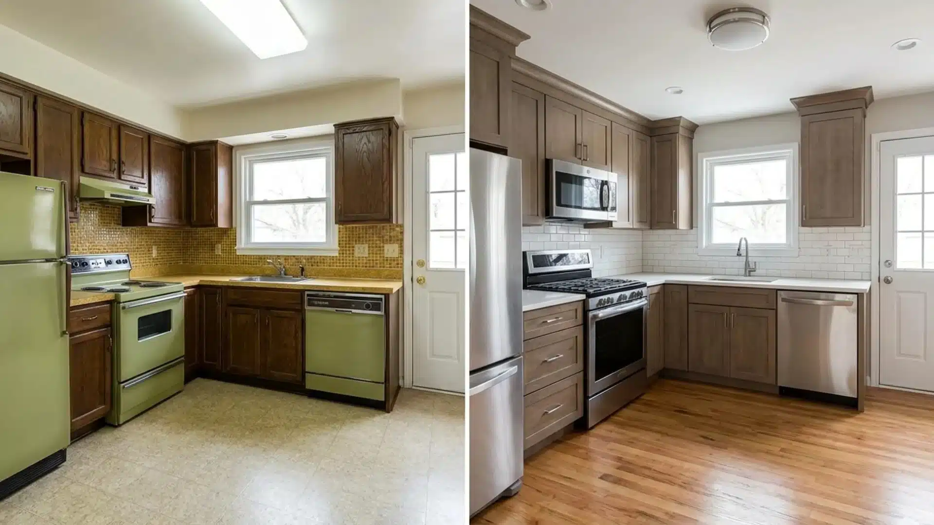 before and after kitchen showing dated green appliances and tile replaced with stainless and wood floors