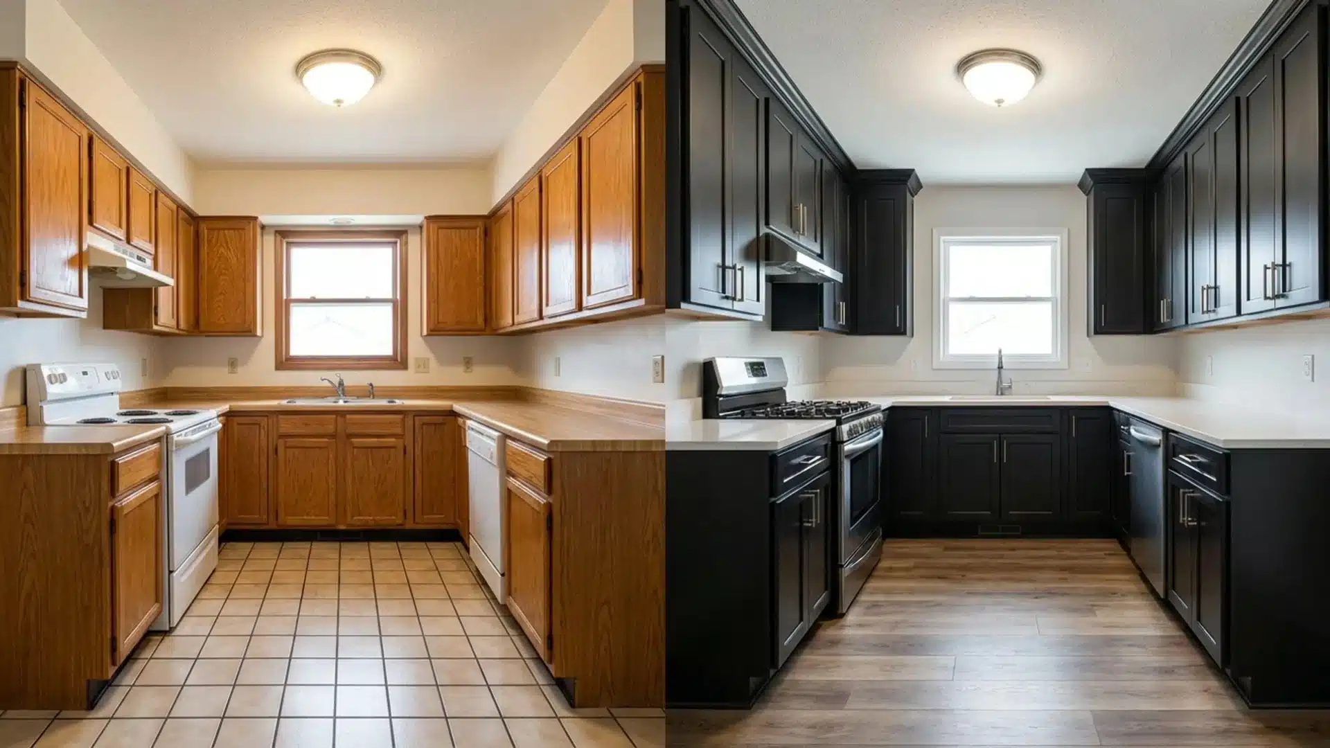 before and after kitchen showing oak cabinets and tile floor replaced with black cabinets and wood floors