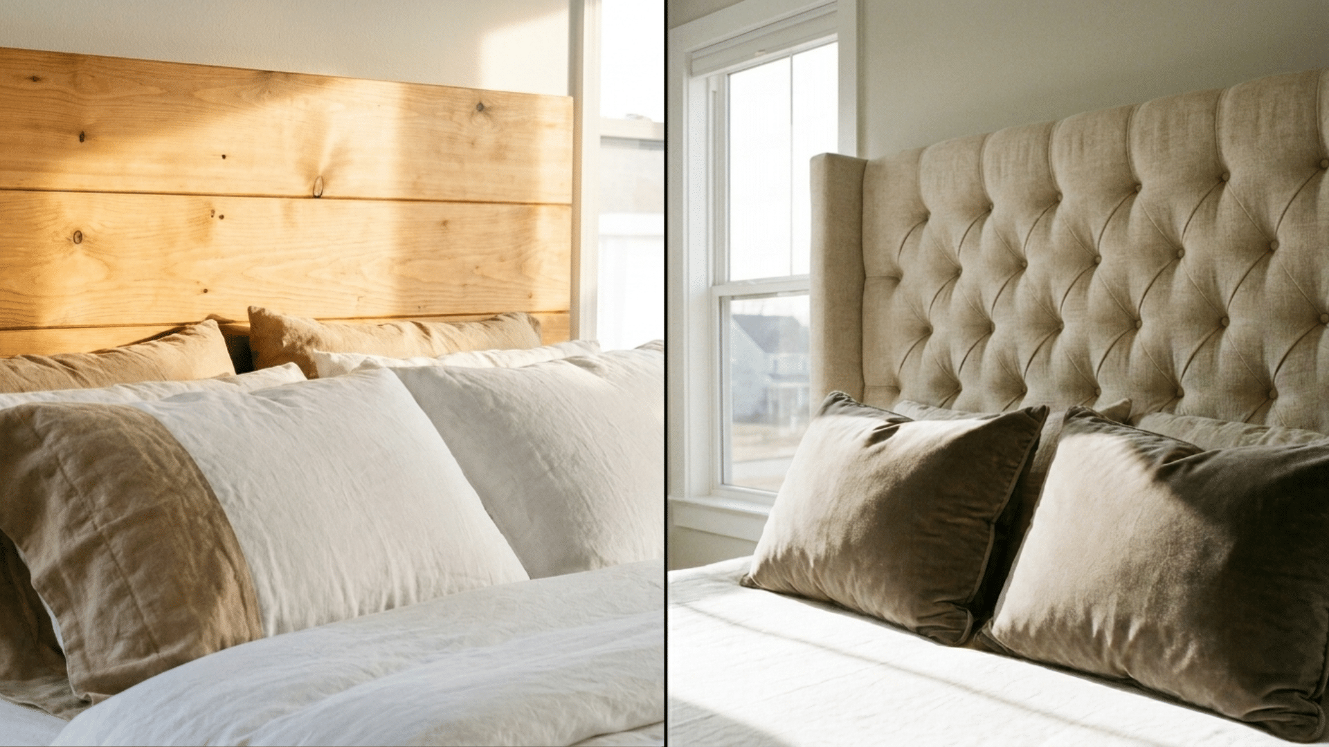 wood plank and tufted velvet headboard ideas behind pillows in sunlit bedrooms