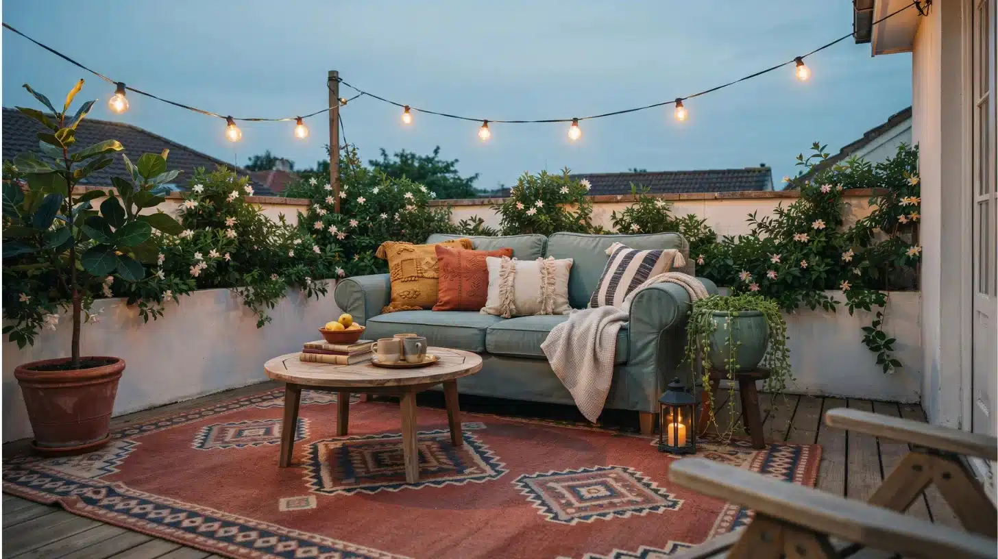 very small backyard outdoor rug lounge with sofa and plants